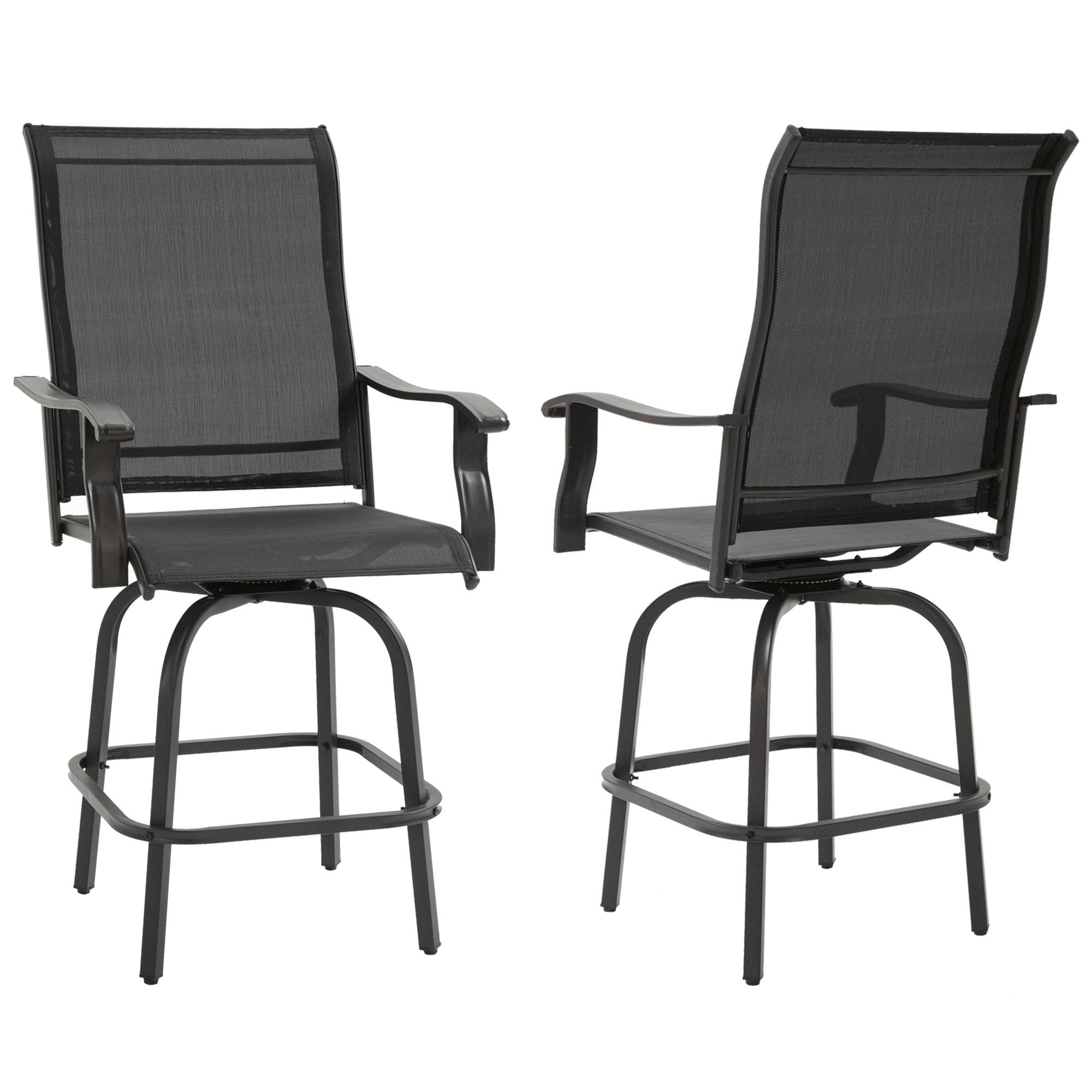Outsunny Set of 2 Outdoor Swivel Bar Stools with Armrests, Bar Height Patio Chairs with Steel Frame for Balcony, Poolside, Backyard, Black