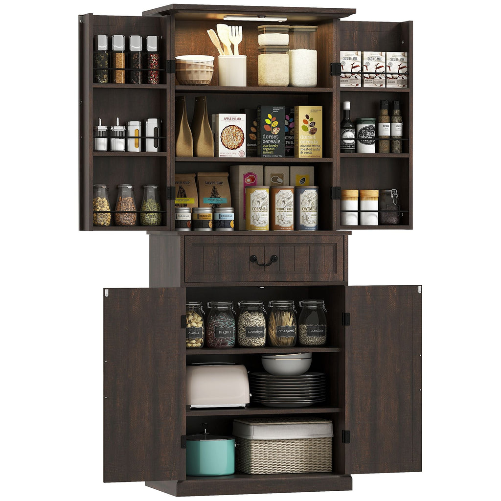 HOMCOM 71" LED Kitchen Pantry Cabinet, Farmhouse Storage Cabinet with Door Shelves, Distressed Brown