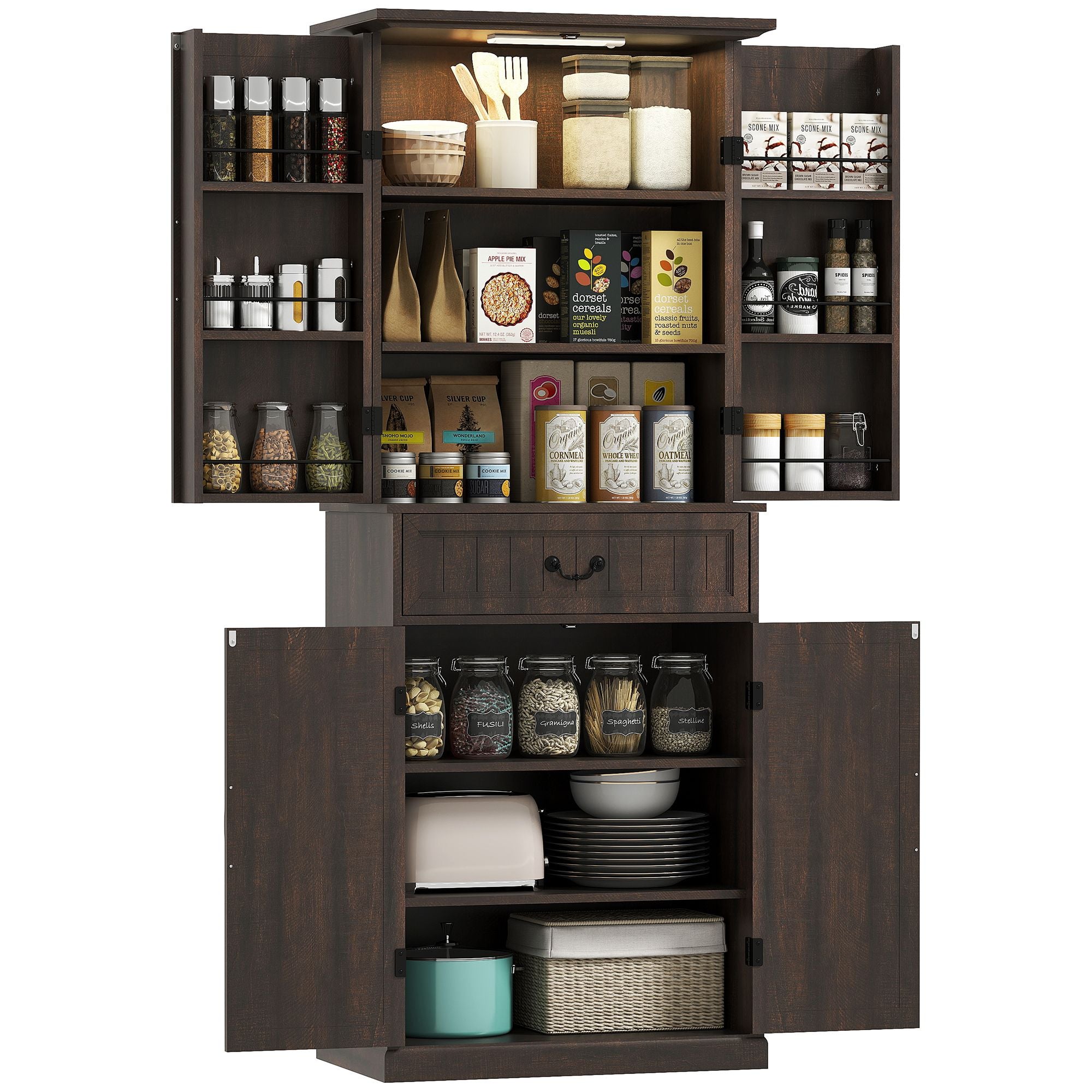 HOMCOM 71" LED Kitchen Pantry Cabinet, Farmhouse Storage Cabinet with Door Shelves, Distressed Brown
