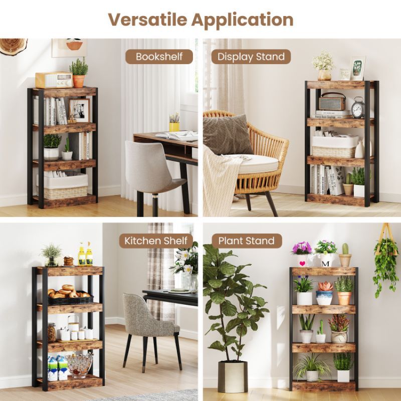 Open 4 Tier Bookshelf Wooden Bookcase for Living Room