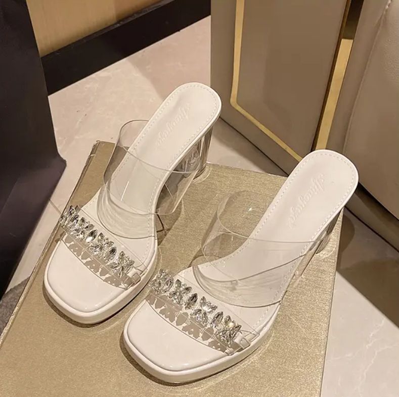 Summer new waterproof table with high heel slippers crystal chunky sandals transparent high heels women