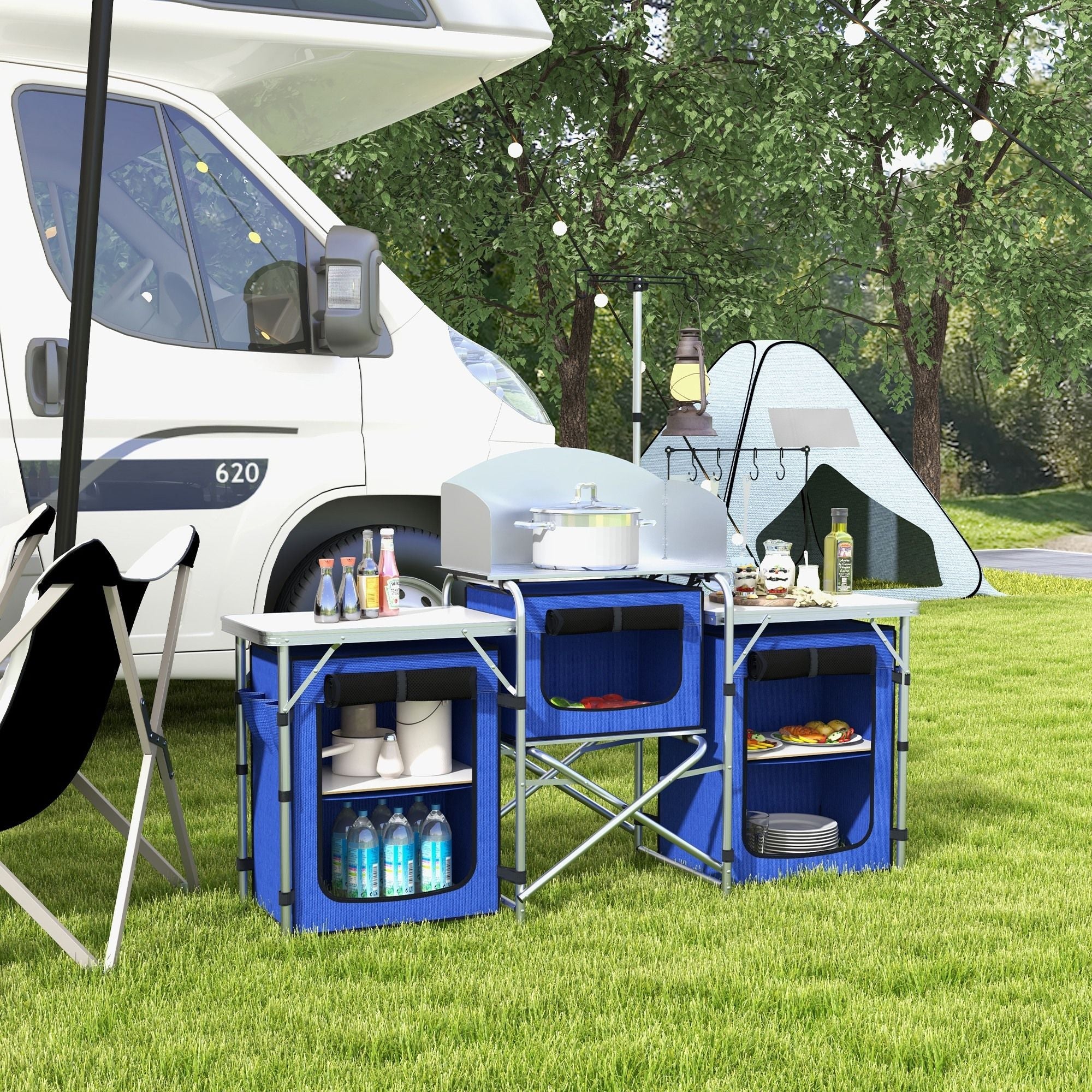 Aluminum Camping Kitchen, Portable Folding Camping Table with Fabric Cupboards, Windshield, Bag for BBQ, Picnic, Blue