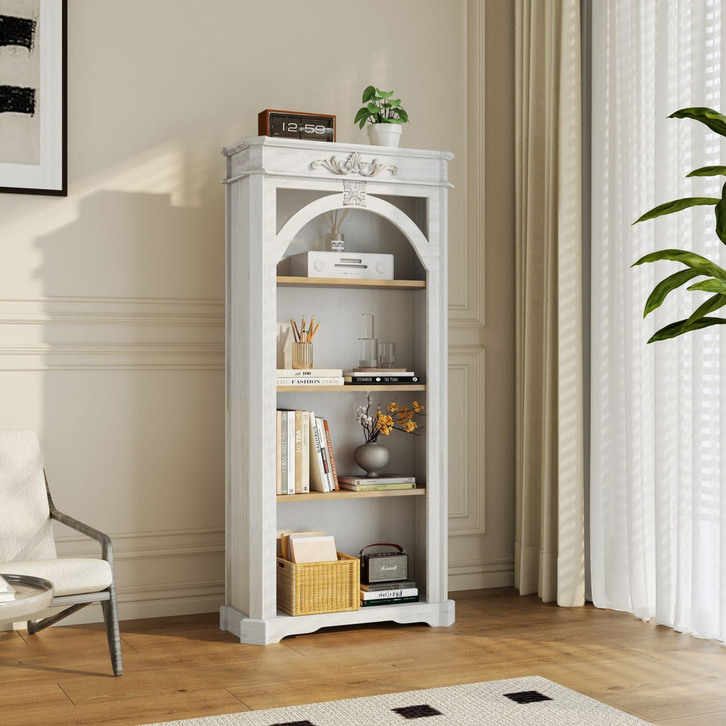 Antique 4 Tiers bookshelf,65 inch tall bookcase,tall floor standing bookcase for Home Office, Living Room, antique white