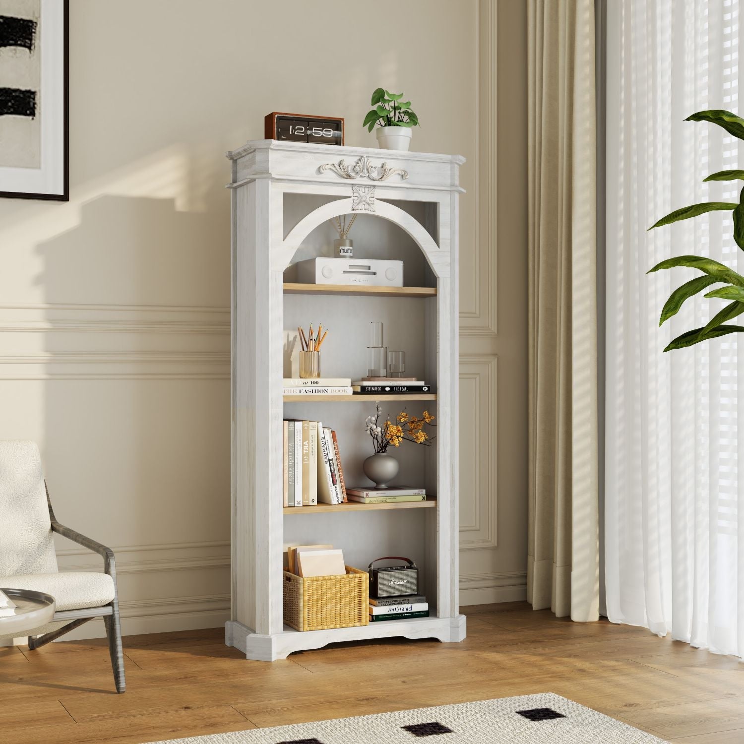 Antique 4 Tiers bookshelf,65 inch tall bookcase,tall floor standing bookcase for Home Office, Living Room, antique white