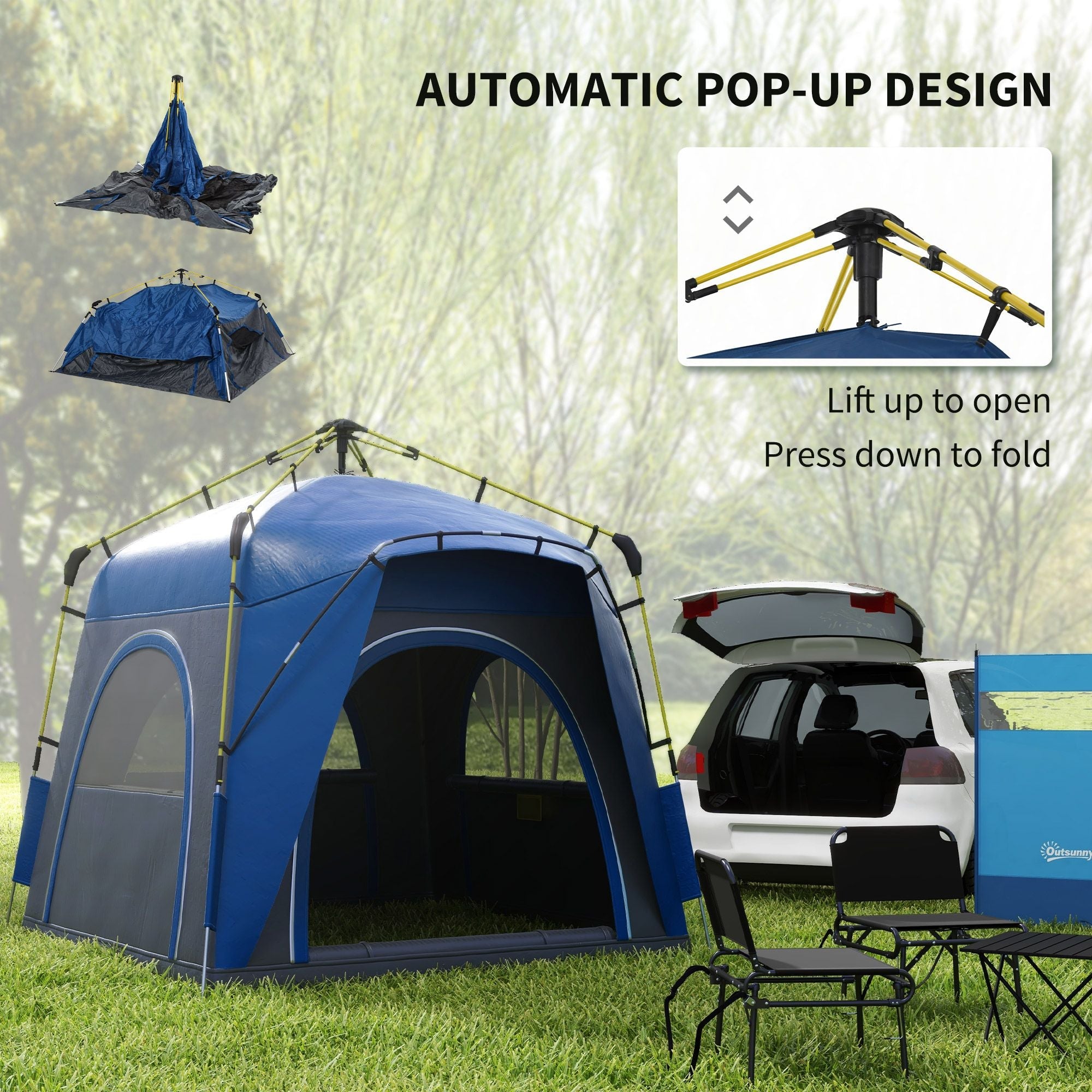 Camping Tents 4 Person Pop Up Tent Quick Setup Automatic Hydraulic Family Travel Tent w/ Windows, Doors Carry Bag Included