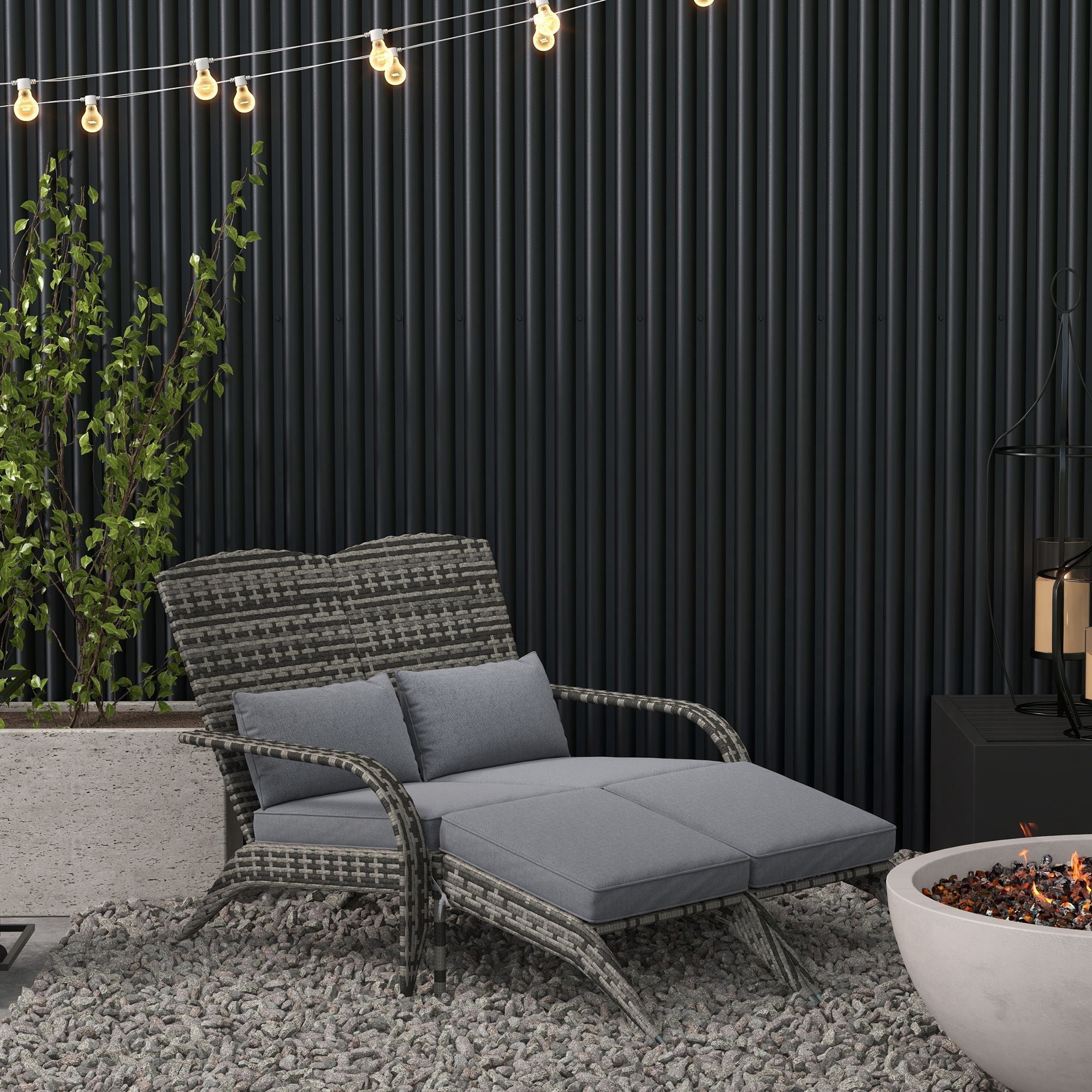 Outsunny Wicker Adirondack Chair for 2 with Cushions & Footrests, PE Rattan Double Chaise Lounge Chair, Fire Pit Chair for Porch with High-back, Wide Armrests, Mixed Gray