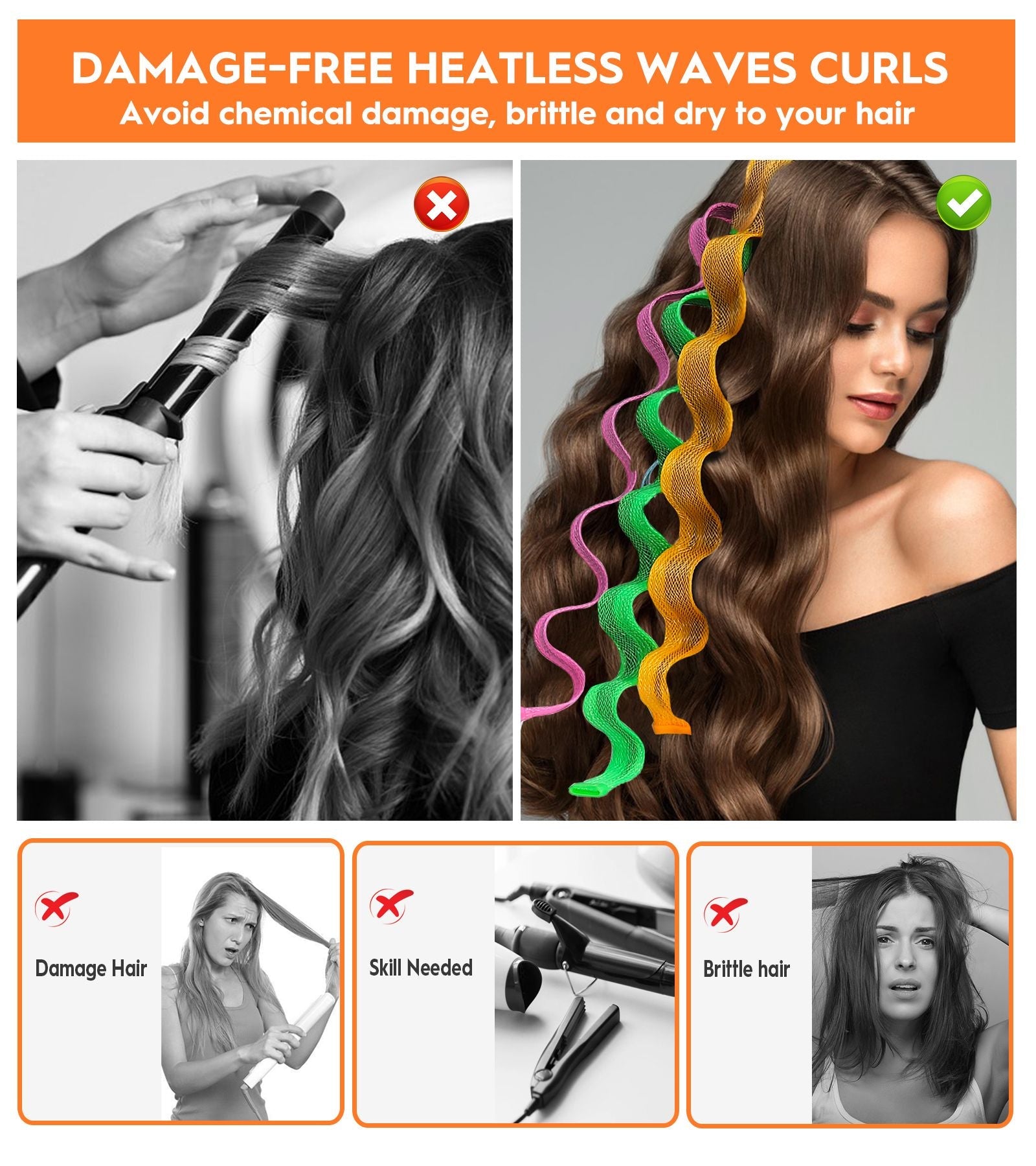 30 Pcs Heatless Hair Curlers Wave Curls Styling Kit with 2 Pcs Styling Hooks, No Heat Hair Curlers for Women Girls (6 Colors, 30 cm/11.81 inch)