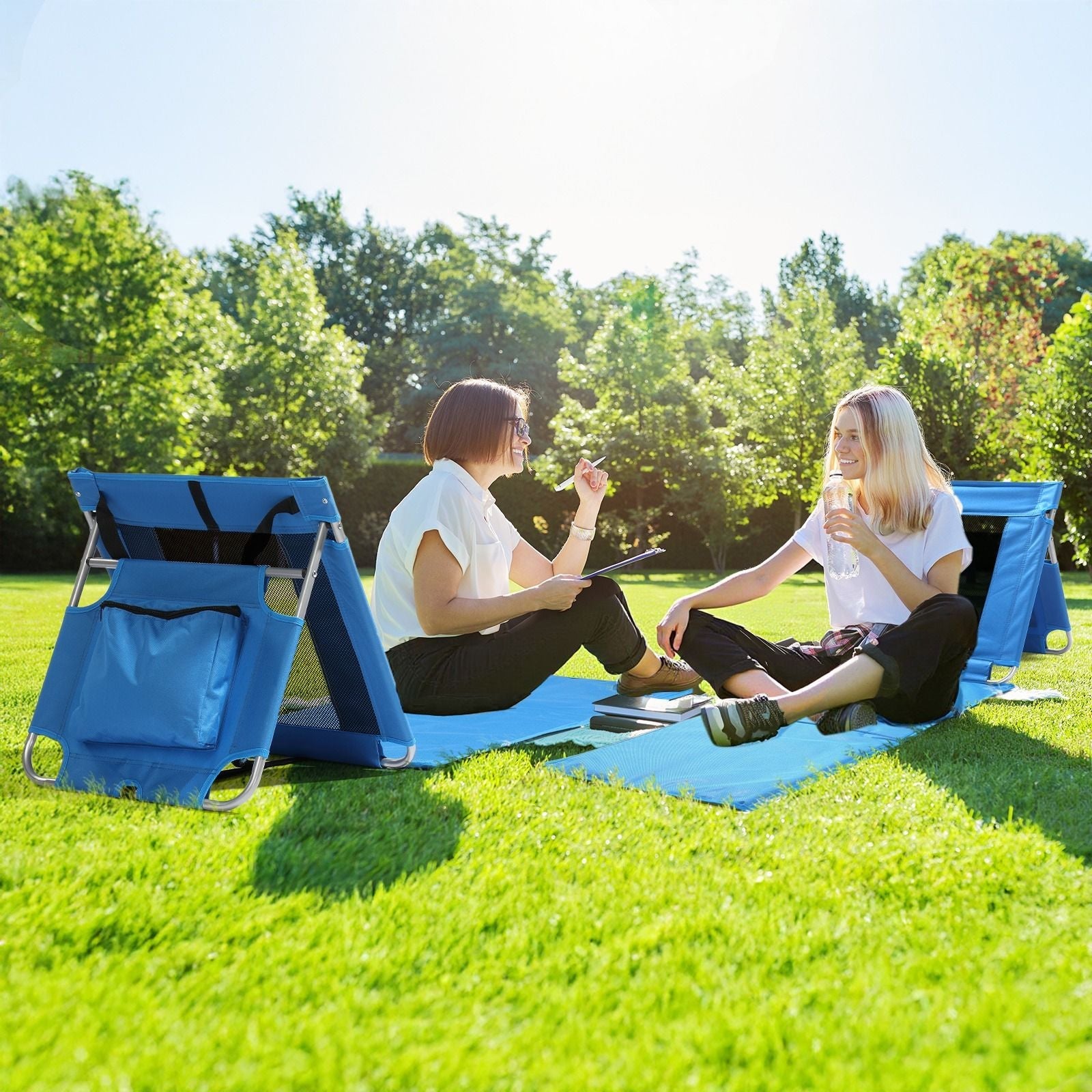 Foldable Outdoor Lounge Chair 174x54cm Blue Beach Sunbed with Cooler Bag Oxford Cloth and Iron Frame Breathable Mesh Portable Reclining Cot for Camping Patio Poolside