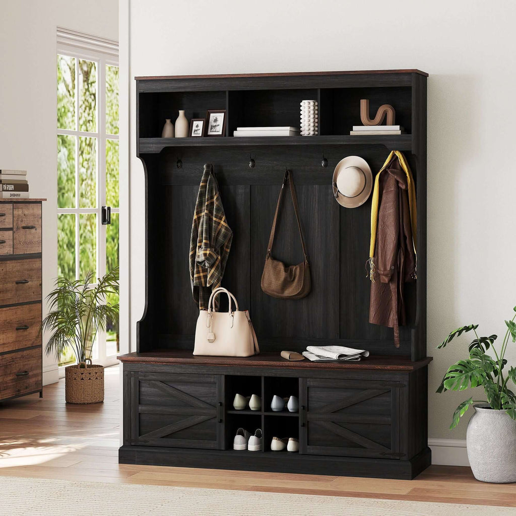 HOMCOM 3-in-1 Hall Tree with Shoe Storage, Coat Rack with Bench, Entryway Furniture with Hooks, Black Wood Grain