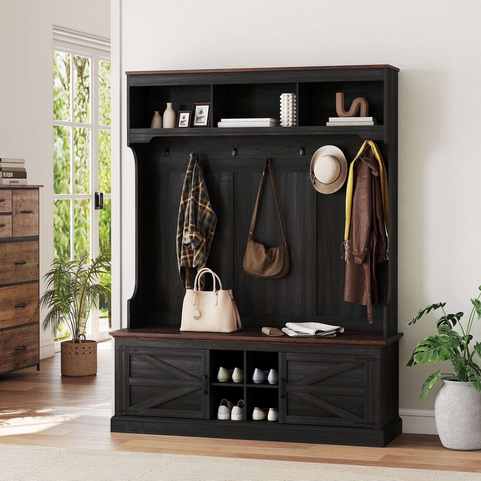 HOMCOM 3-in-1 Hall Tree with Shoe Storage, Coat Rack with Bench, Entryway Furniture with Hooks, Black Wood Grain