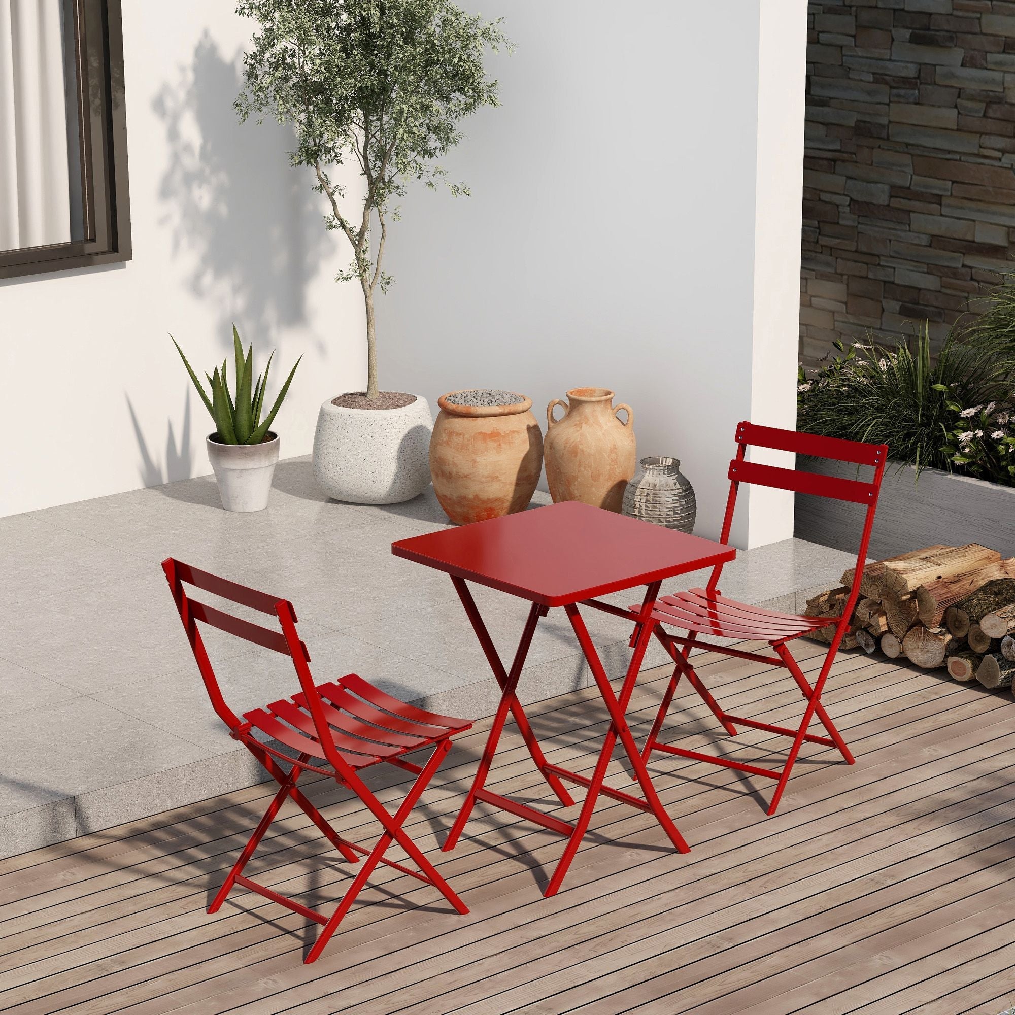 3 Piece Patio Bistro Set of Foldable Square Table and Chairs