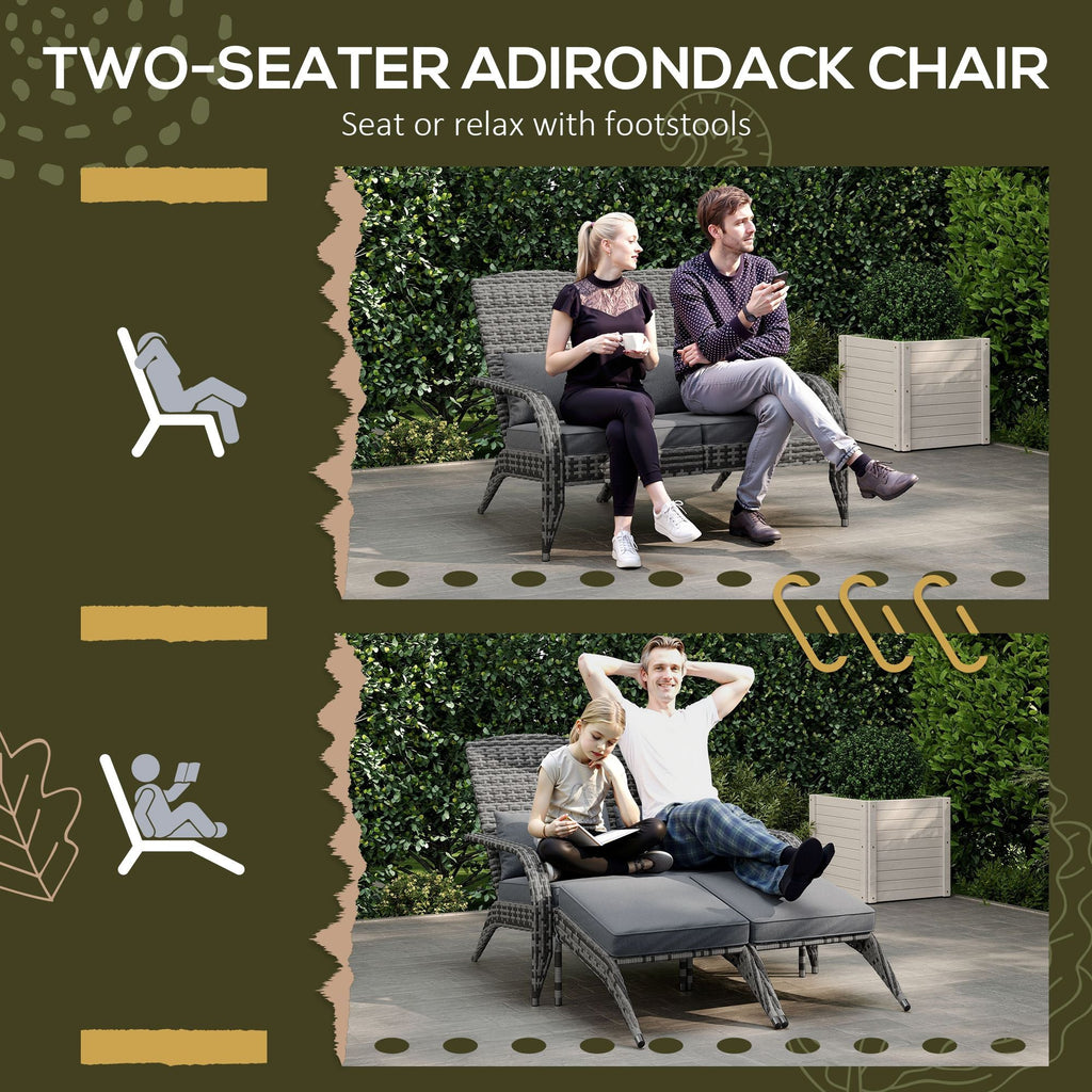 Outsunny Wicker Adirondack Chair for 2 with Cushions & Footrests, PE Rattan Double Chaise Lounge Chair, Fire Pit Chair for Porch with High-back, Wide Armrests, Mixed Gray