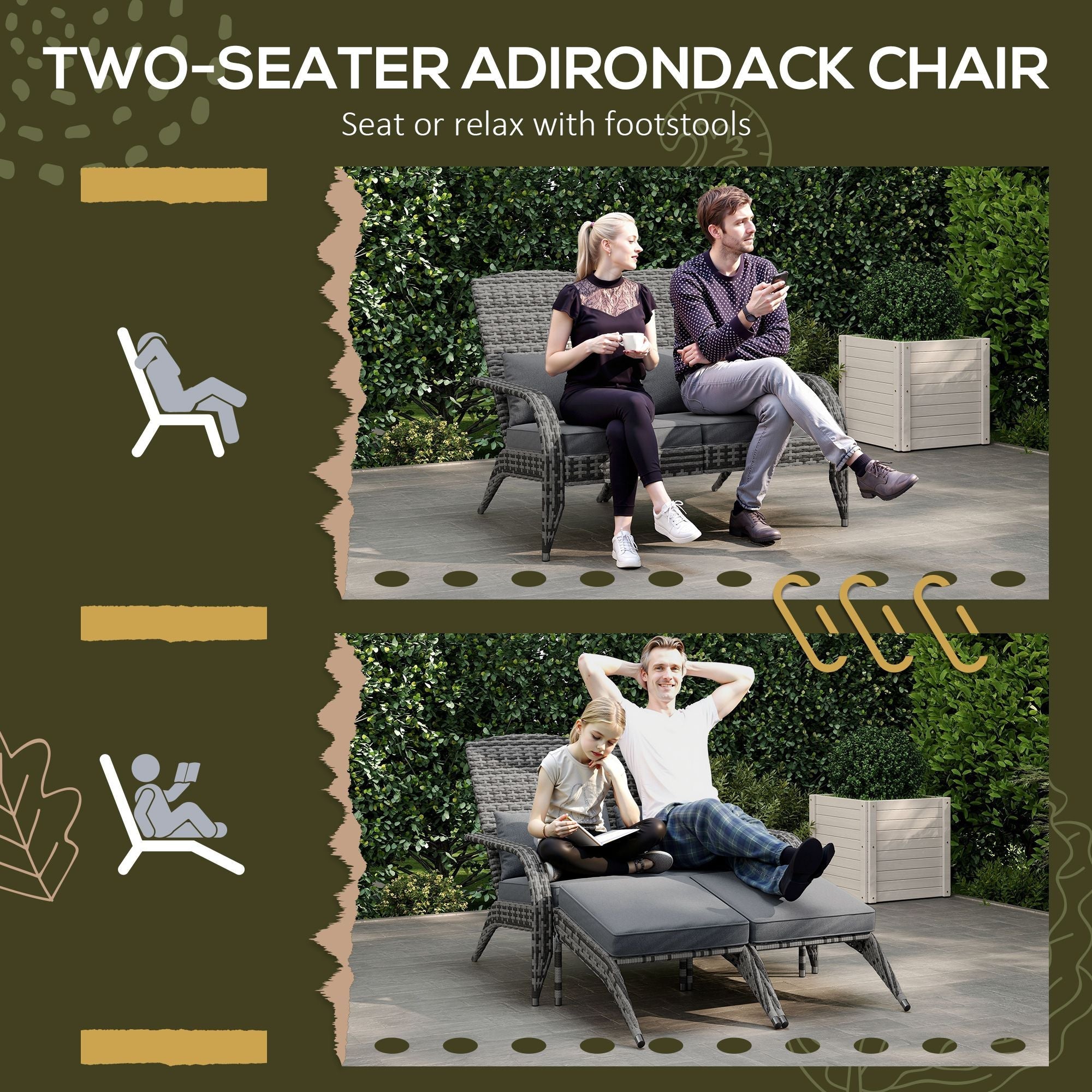 Outsunny Wicker Adirondack Chair for 2 with Cushions & Footrests, PE Rattan Double Chaise Lounge Chair, Fire Pit Chair for Porch with High-back, Wide Armrests, Mixed Gray