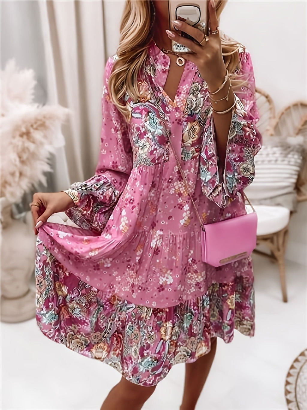 Floral Print Ruffle Hem Dress; Boho Holiday Long Sleeve V-neck Dress; Women's Clothing
