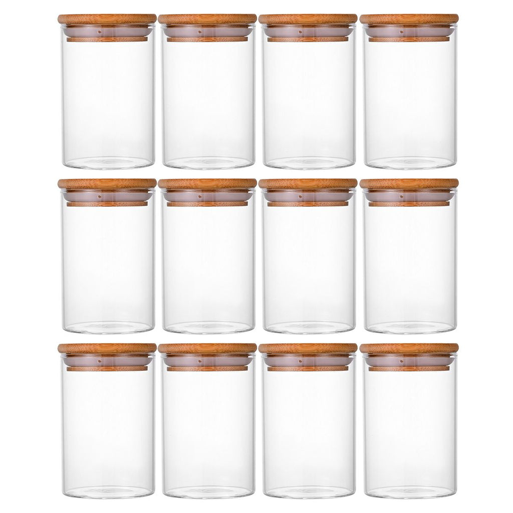 12 Pcs Round Spice Jars with Bamboo Lids and Stickers, Glass Storage Jars, Candy Jars, Coffee Jars, Salt Jars, Pepper Jars, Tea Jars