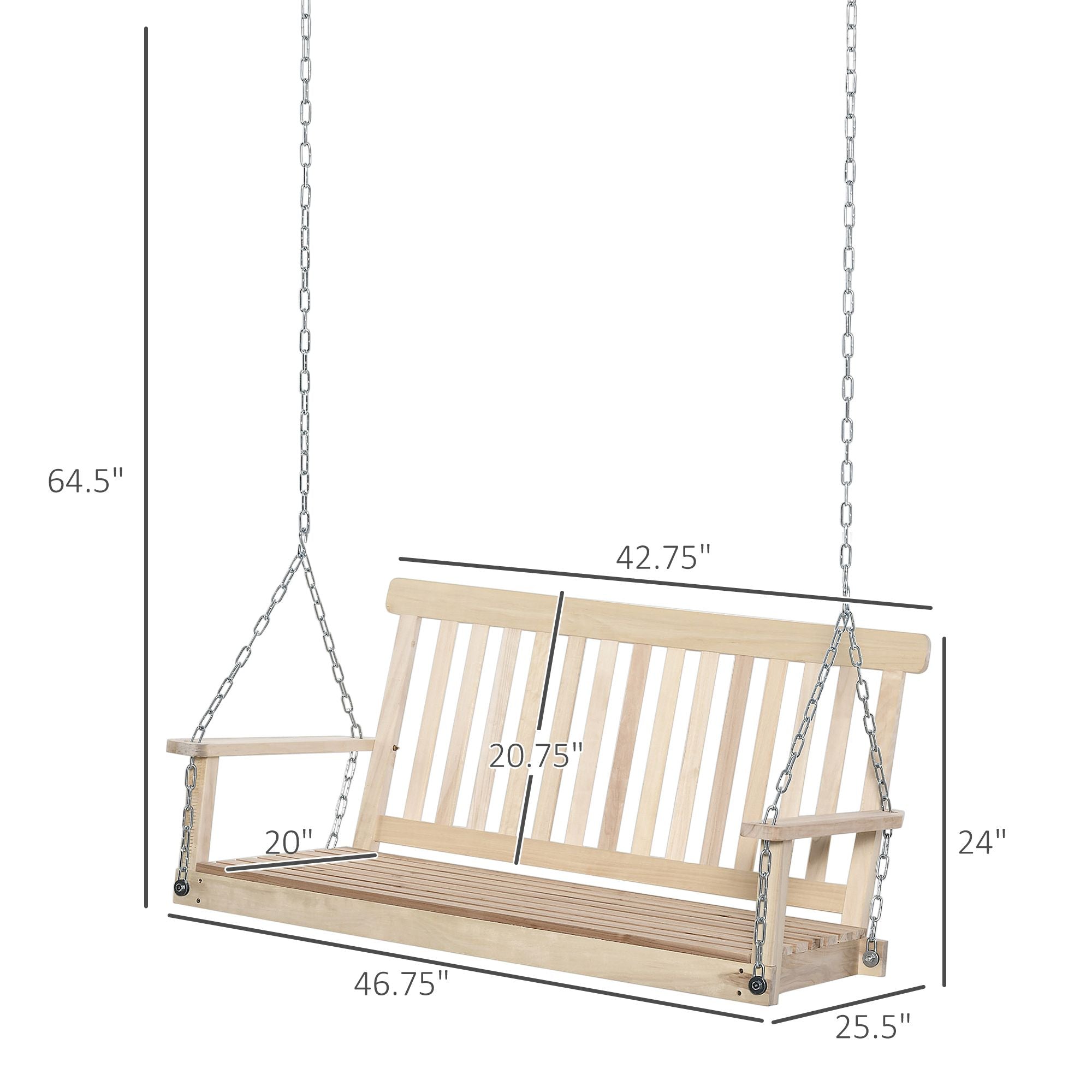 Outsunny Hanging 2-Seater Porch Swing, Outdoor Patio Chair, Slatted Design, Natural, 440lbs