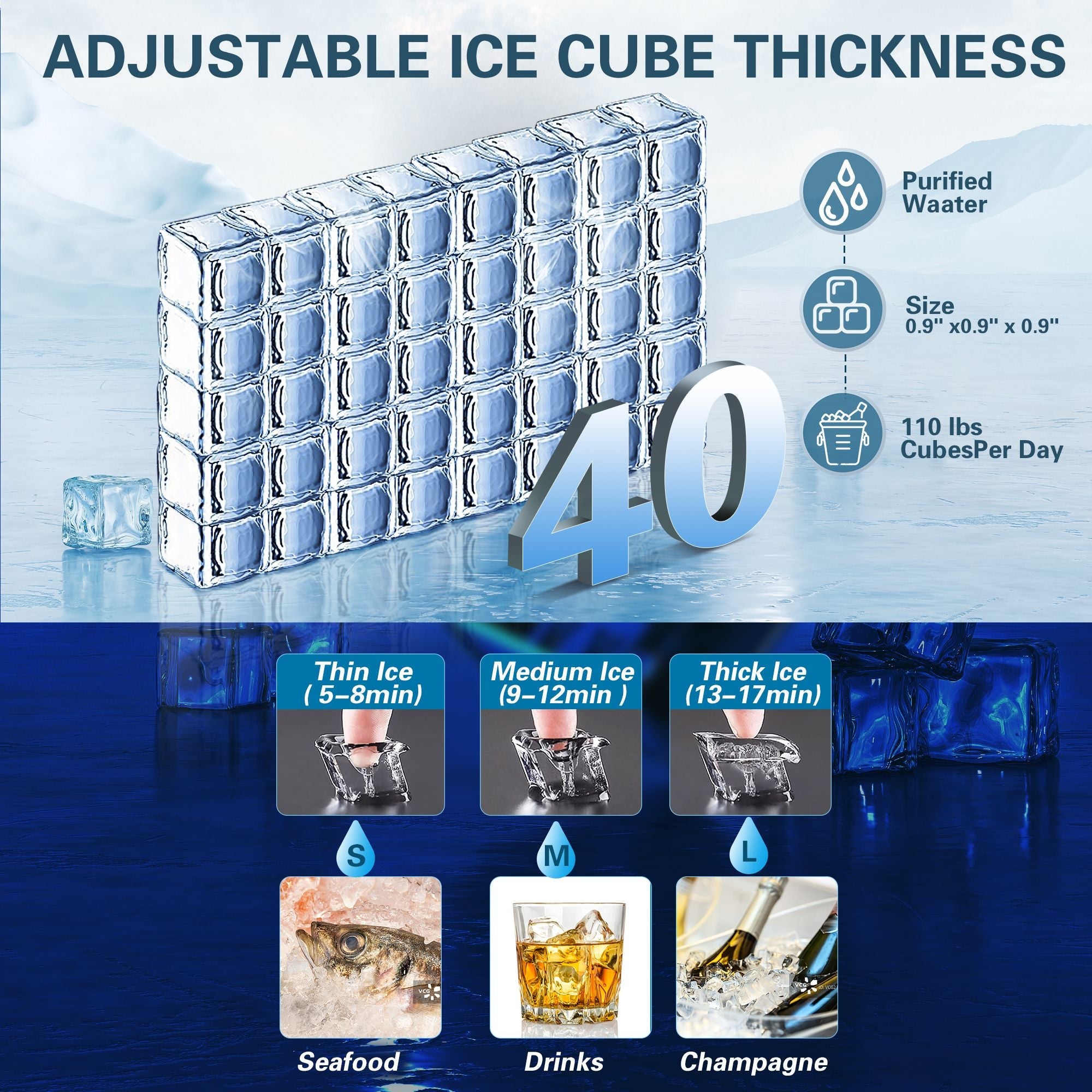 Commercial Ice Maker Machine, 80-110LBS/24H Under Counter Ice Maker, Stainless Steel Freestanding Ice Machine,Self-Cleaning, 2 Water Inlet Modes,Ideal for Restaurant,Home,Bar