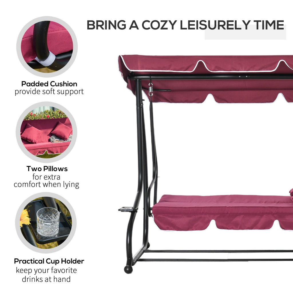 Outsunny 3-Seater Swing Bench with Stand Red Cushioned Outdoor Porch Swing Comfortable Canopy Included