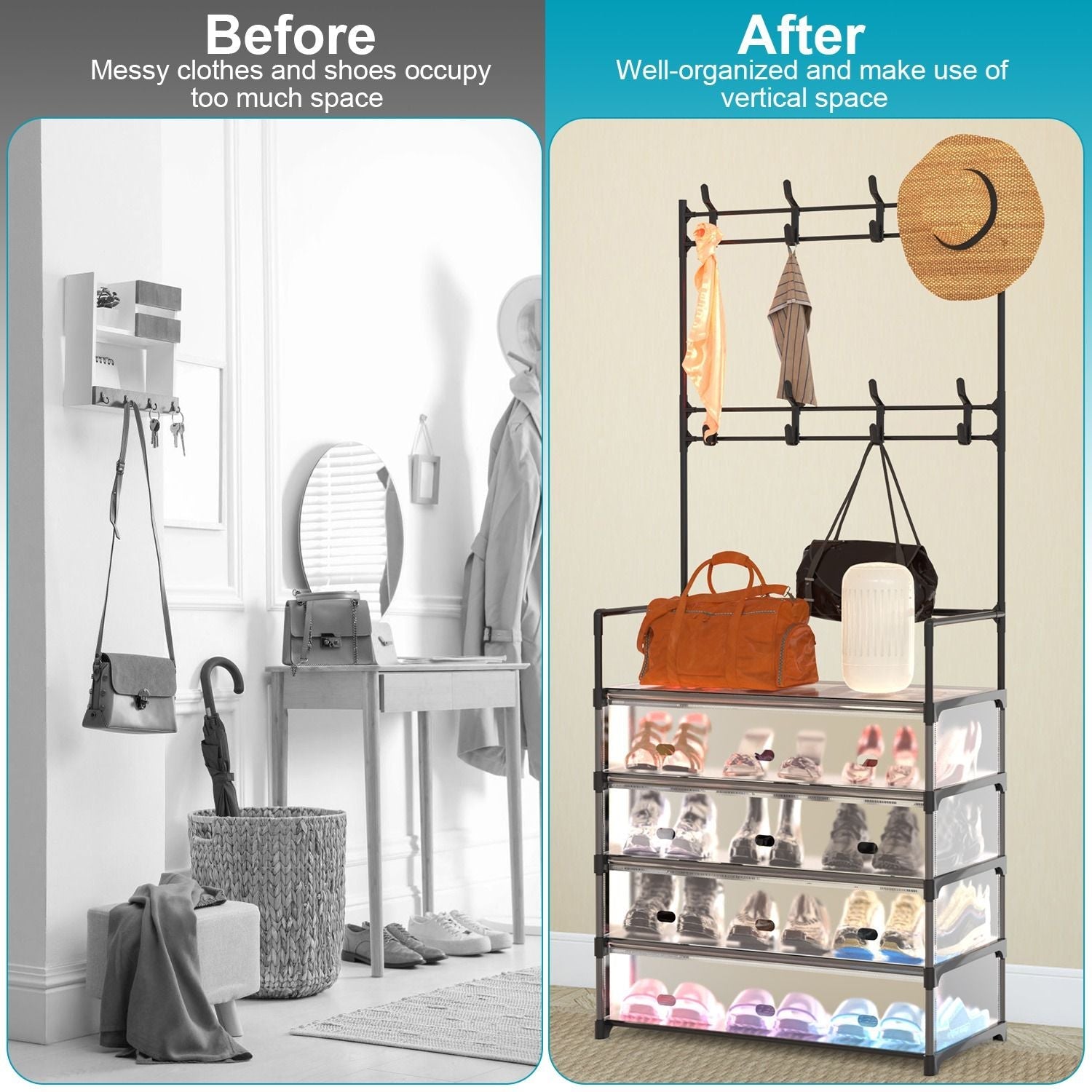 5-Tier Dustproof Entryway Hall Tree Coat Rack Shoe Rack With 8 Removable Hooks Freestanding Shoe Storage Shelf Hat Clothes Organizer For Front Door Bedroom Entryway