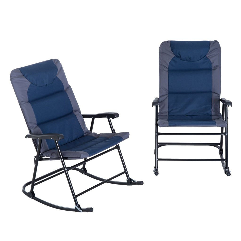 Outsunny 2 Piece Outdoor Patio Rocking Chair Set, Armrests, Padded Seat & Backrest, Navy Blue & Gray