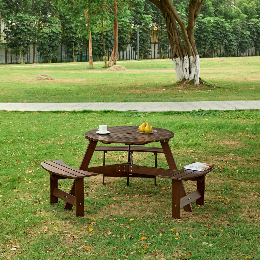 Outdoor 6 Person Picnic Table, 6 person Round Picnic Table with 3 Built-in Benches, Umbrella Hole, Outside Table and Bench Set for Garden, Backyard, Porch, Patio, Natural