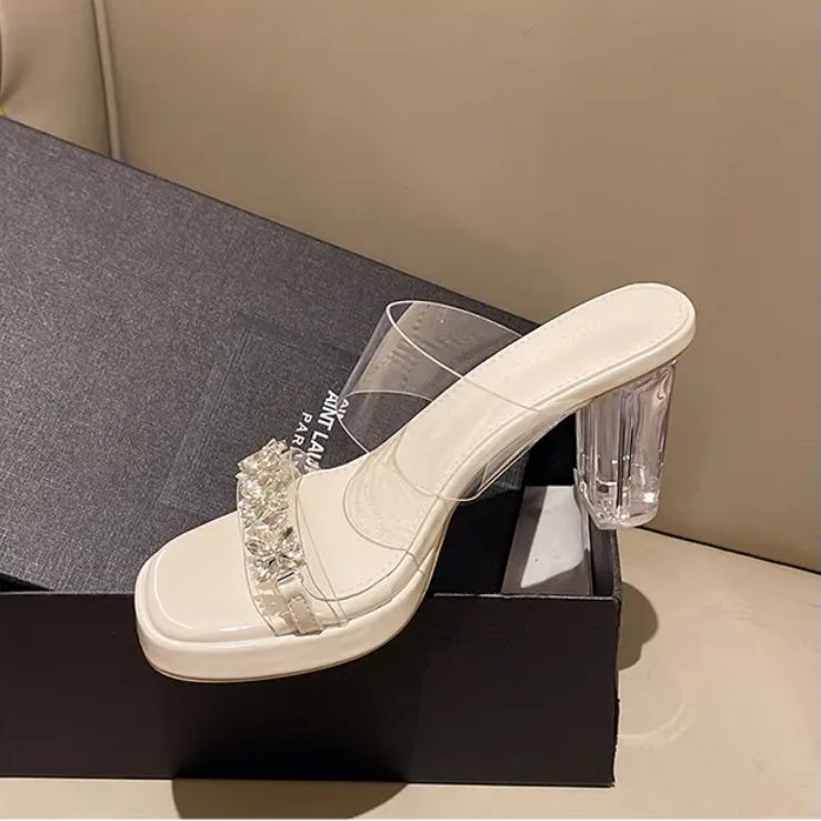 Summer new waterproof table with high heel slippers crystal chunky sandals transparent high heels women