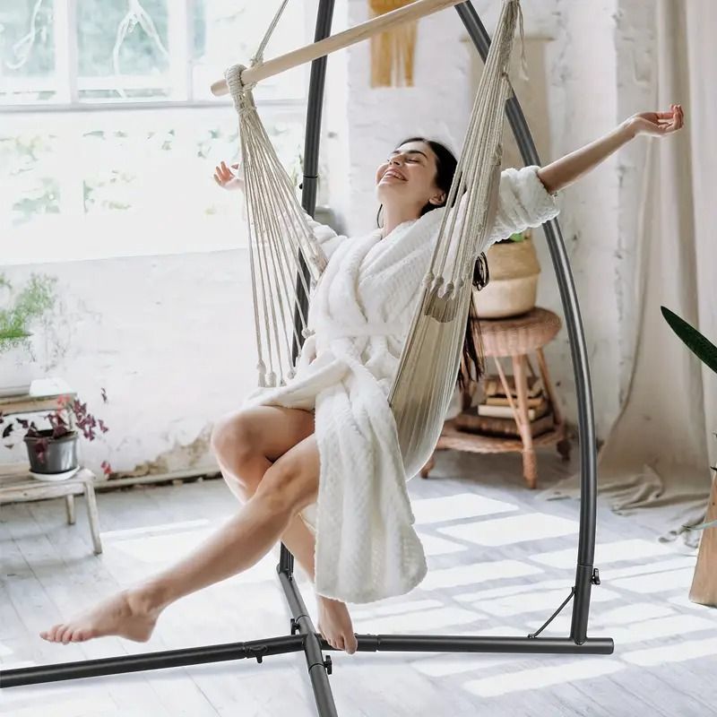 Heavy Duty Hammock Chair Stand C Shaped Solid Steel Hanging Chair Frame with Spring Hook and Buckle Indoor Outdoor Patio Deck Treehouse Porch Lounger Support Structure 330 lbs Capacity