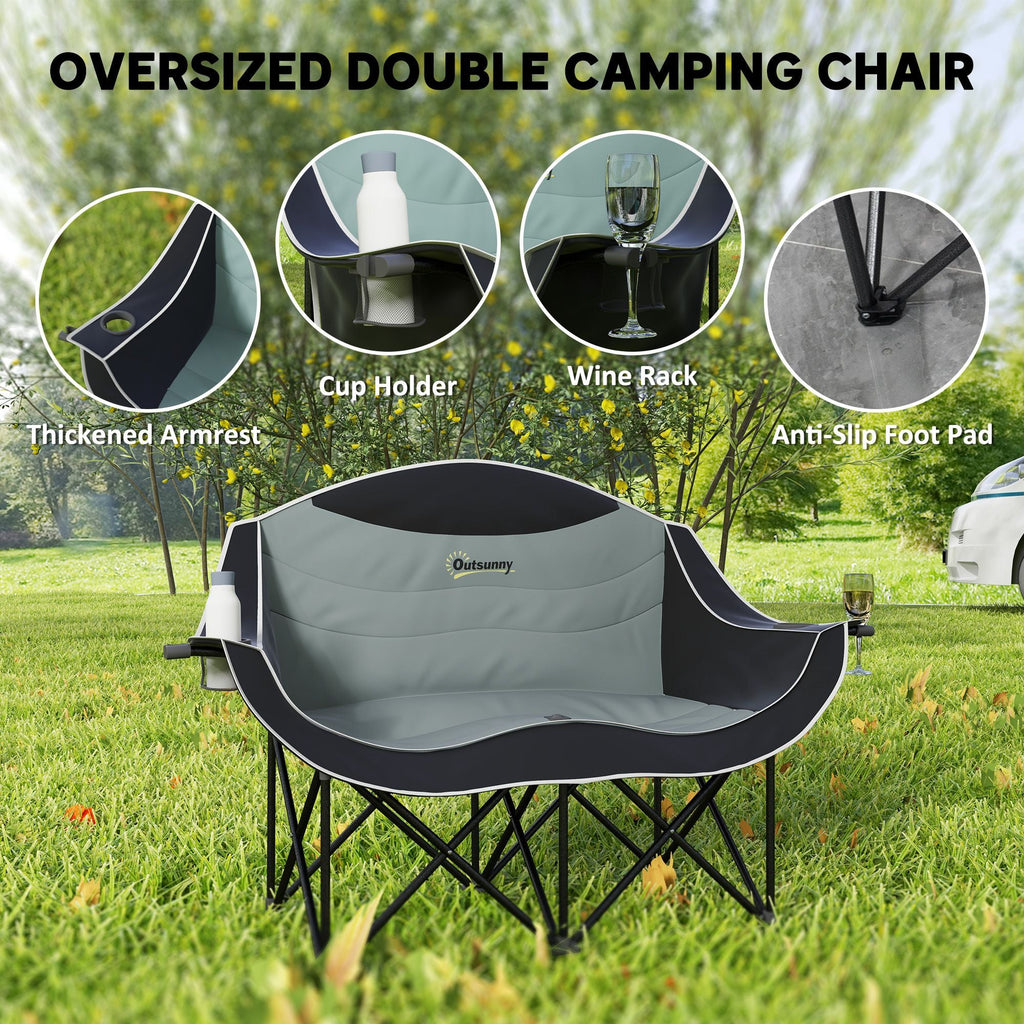 Padded Folding Camp Chair for Adults, Double Camping Chairwith Armrests, Cup Holders, Carry Bag for Outdoor, Black