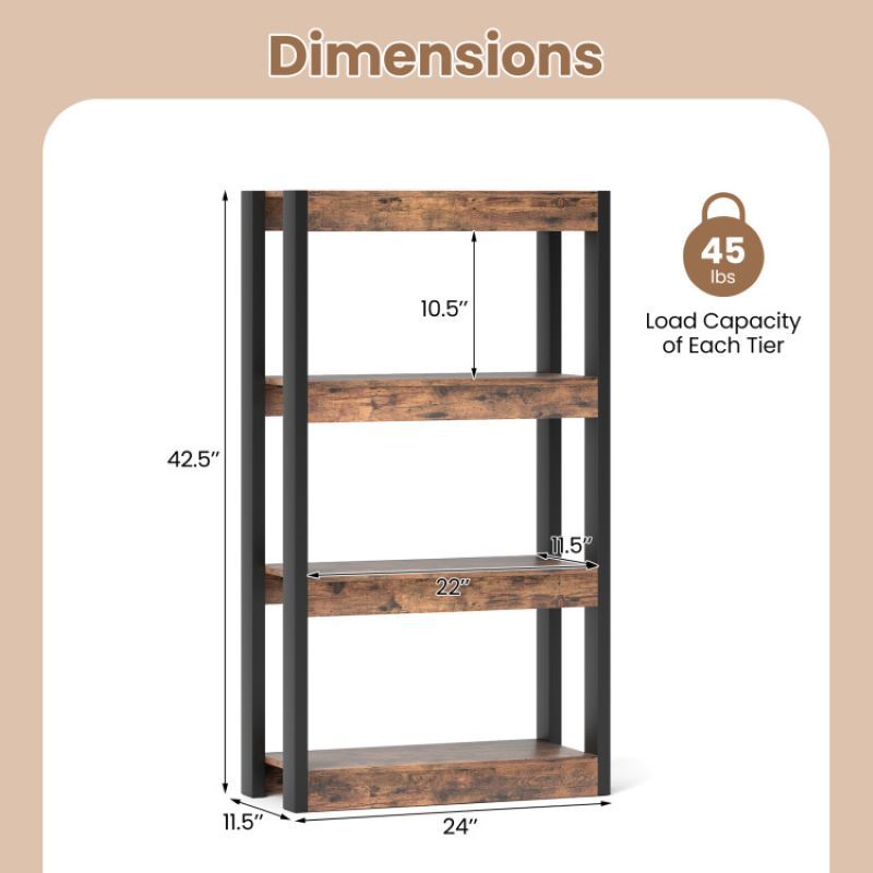 Open 4 Tier Bookshelf Wooden Bookcase for Living Room