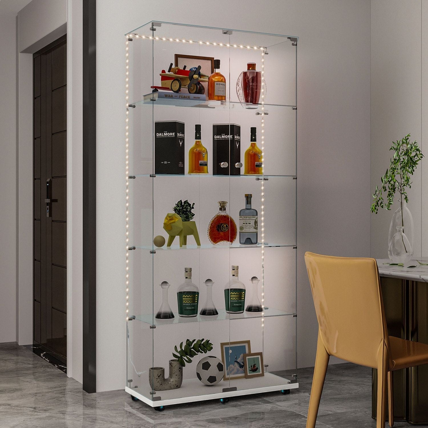 Tempered Glass Display Cabinet, Wine Cabinet, Storage Cabinet, File Cabinet with Bluetooth LED Light Strips, Lock on Door, Tempered Glass Top, Casters at Bottom for Easy Movement, Color: white