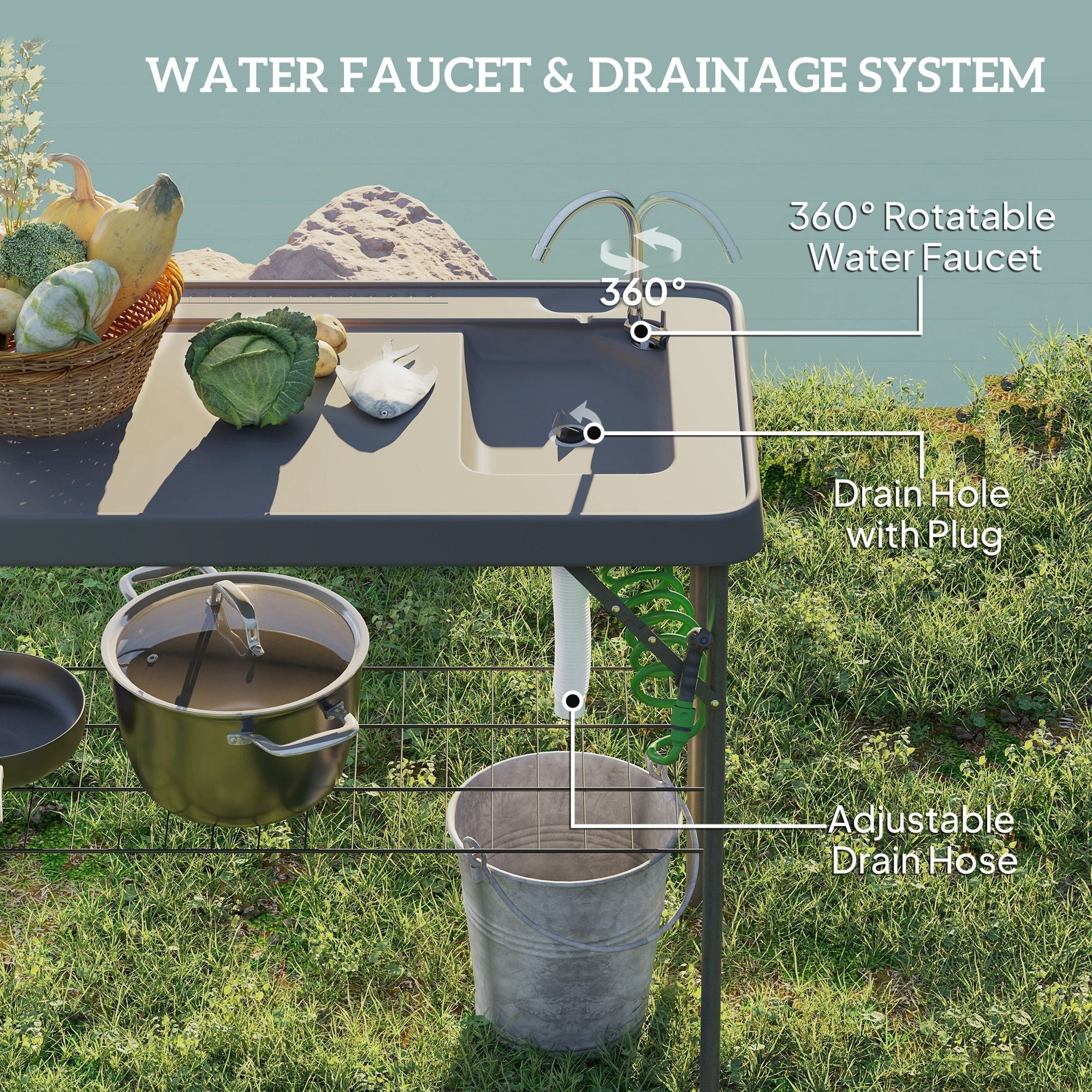 Folding Fish Cleaning Table with Sink, Portable Camping Table with Faucet, Drainage Hose, Sprayer and Shelf, Gray