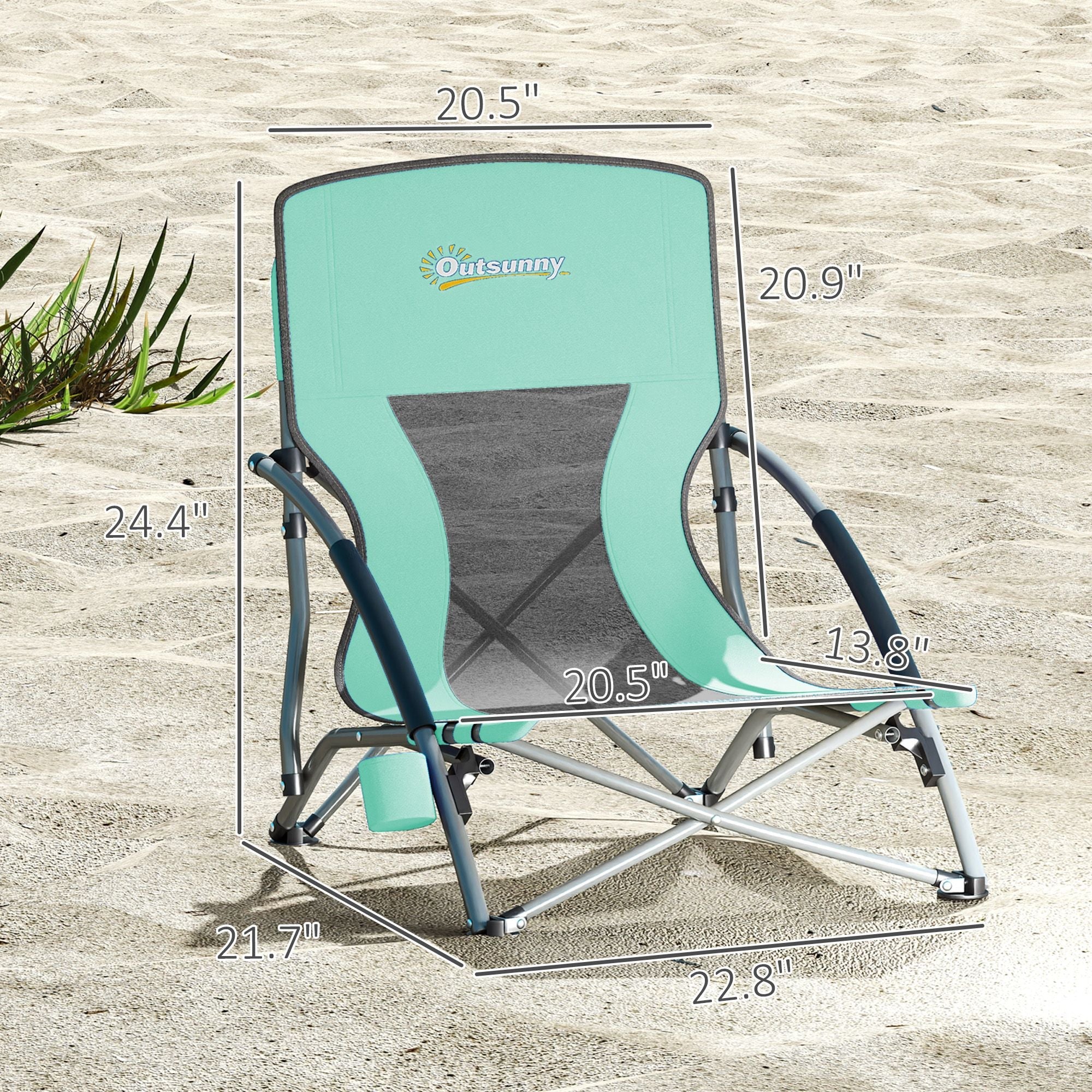 Set of 2 Folding Beach Chairs with Mesh Back, Carry Bag and Cup Holder for Outdoor Camping Lawn Sports Picnic Turquoise