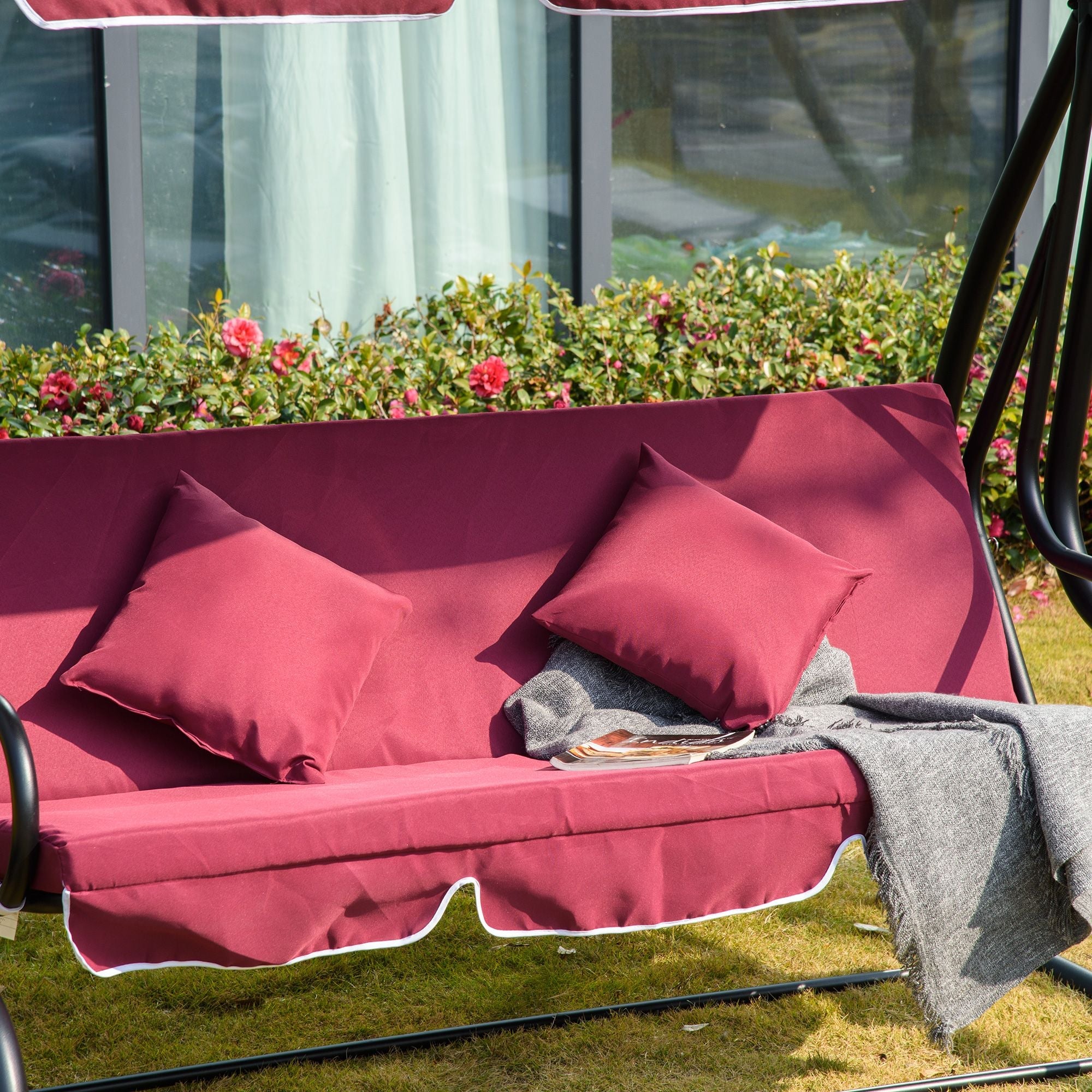 Outsunny 3-Seater Swing Bench with Stand Red Cushioned Outdoor Porch Swing Comfortable Canopy Included