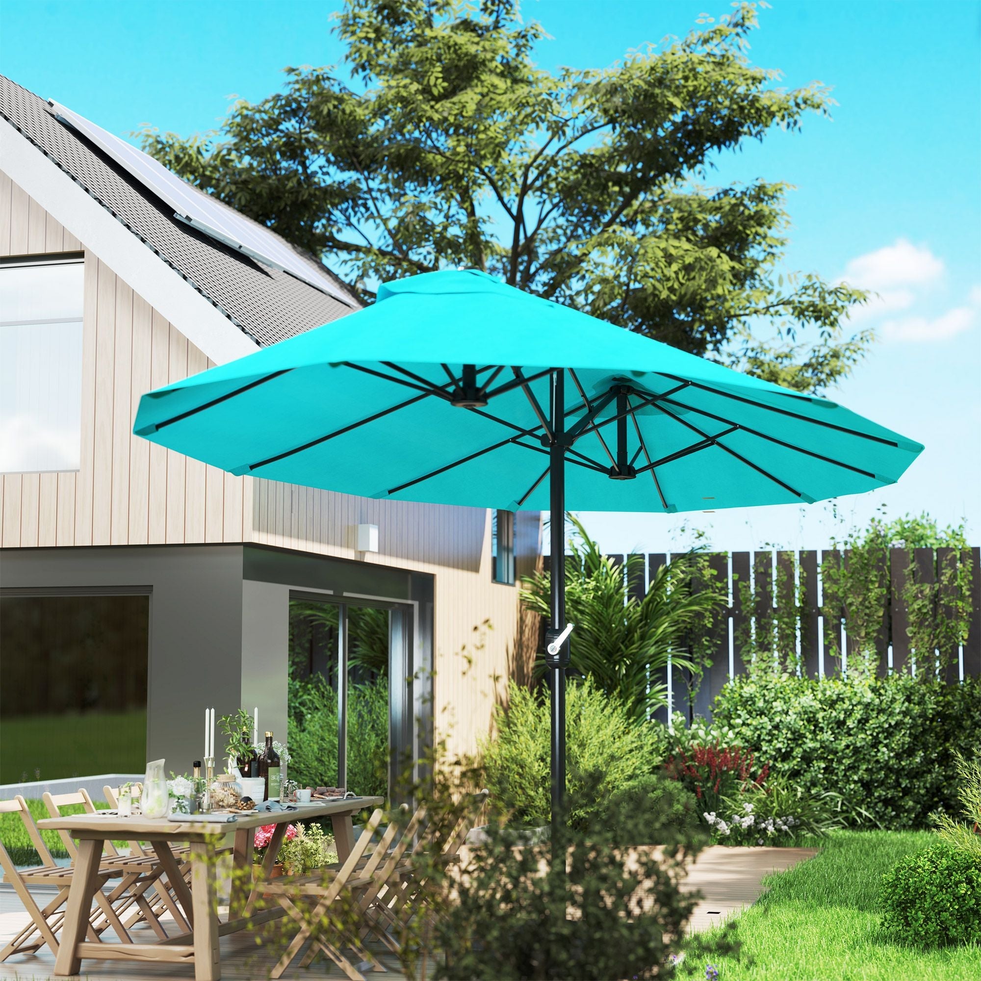 Outsunny Patio Umbrella 15ft Double-Sided Outdoor Market Extra Large Umbrella with Crank Handle for Backyard, Blue