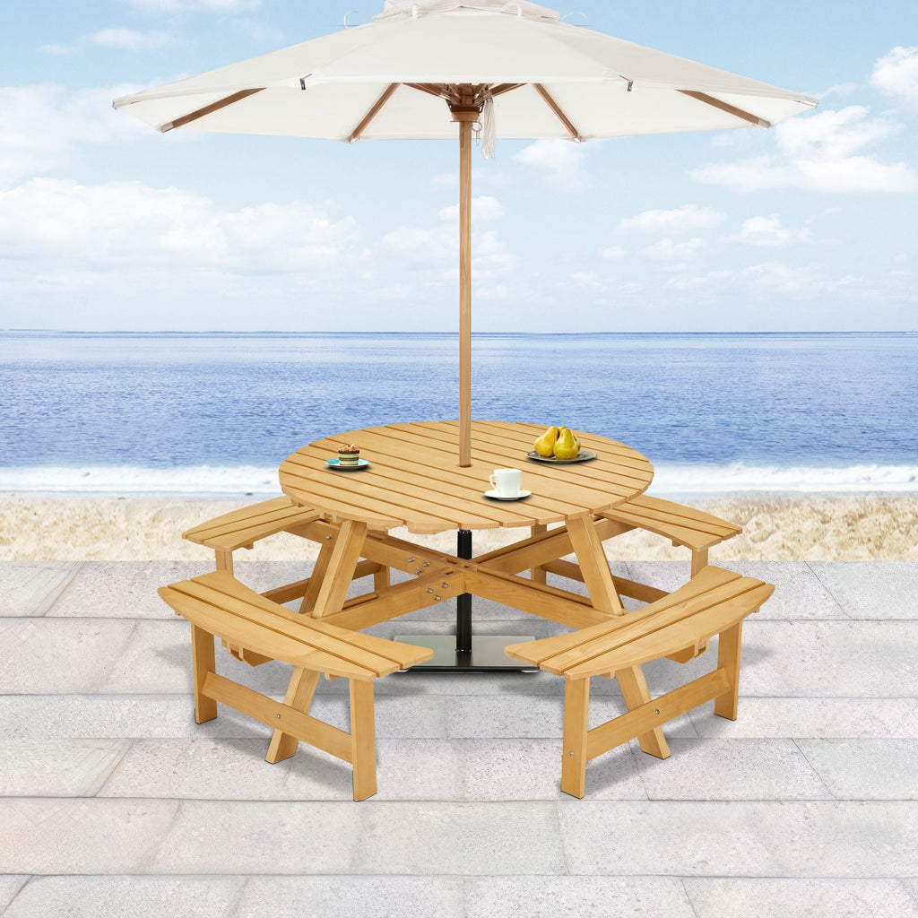 Outdoor 6 Person Picnic Table, 6 person Round Picnic Table with 3 Built-in Benches, Umbrella Hole, Outside Table and Bench Set for Garden, Backyard, Porch, Patio, Natural