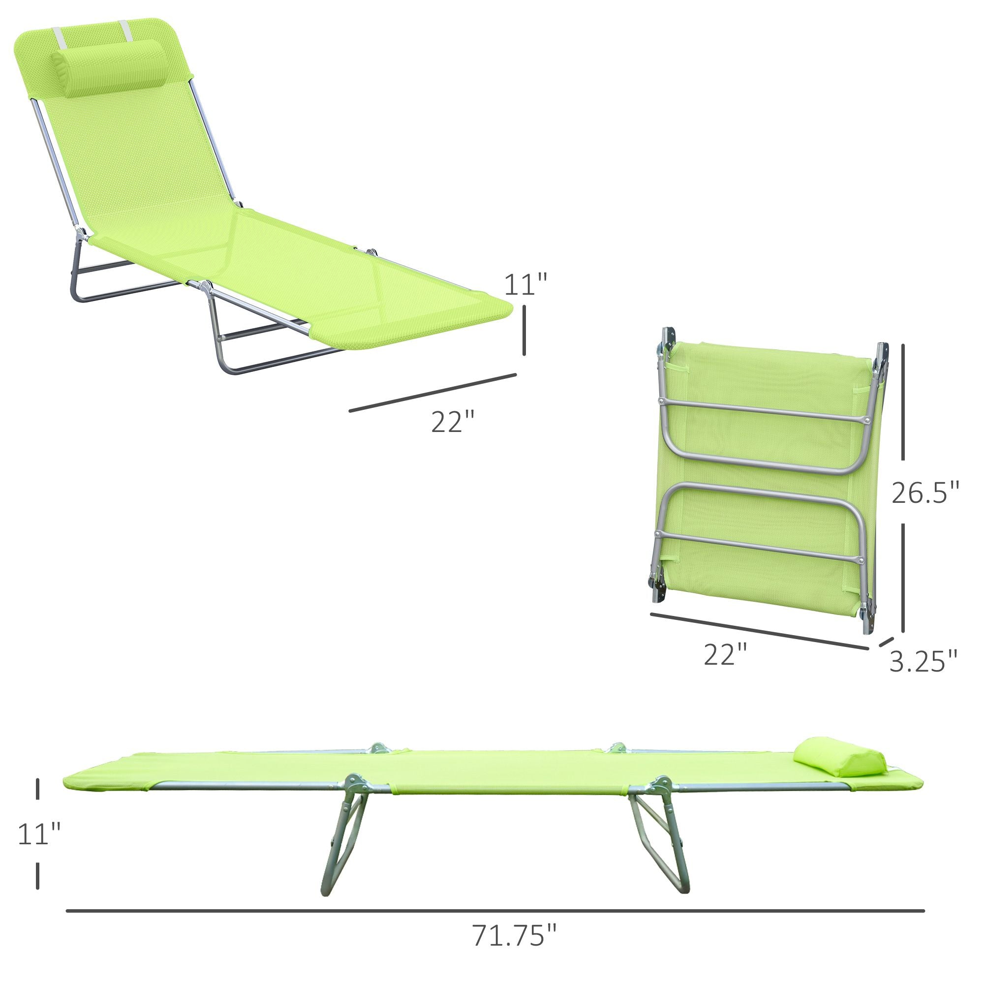 Outsunny Folding Chaise Lounge Chair, Green, Portable, 6-Level Adjustable Back, Pillow Included, Ideal for Patio, Garden, Beach