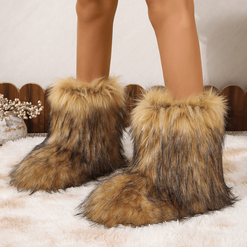Women's Faux Fur Boot Furry Fluffy Round Toe Suede Winter Comfy Plush Warm Short Outdoor Indoor Flat Shoes Mid-Calf Boots