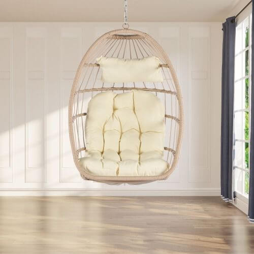 Outdoor Garden Egg-Shaped Wicker Hanging Chair, Wood Frame with Khaki Cushion, Patio Swing Chair for Porch, Balcony, Backyard, Indoor/Outdoor Use, Comfortable and Stylish Lounger Seat