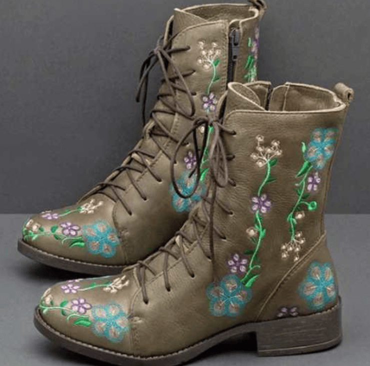 Women's Doc Martens autumn and winter flat thick heel lace-up ankle boots embroidered women's boots