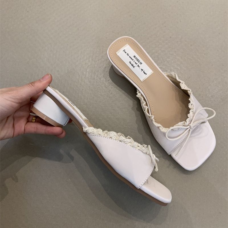 Designer Summer Butterfly-knot Lace Women Slippers Casual Thick Low Heel Dress Street Style Slides