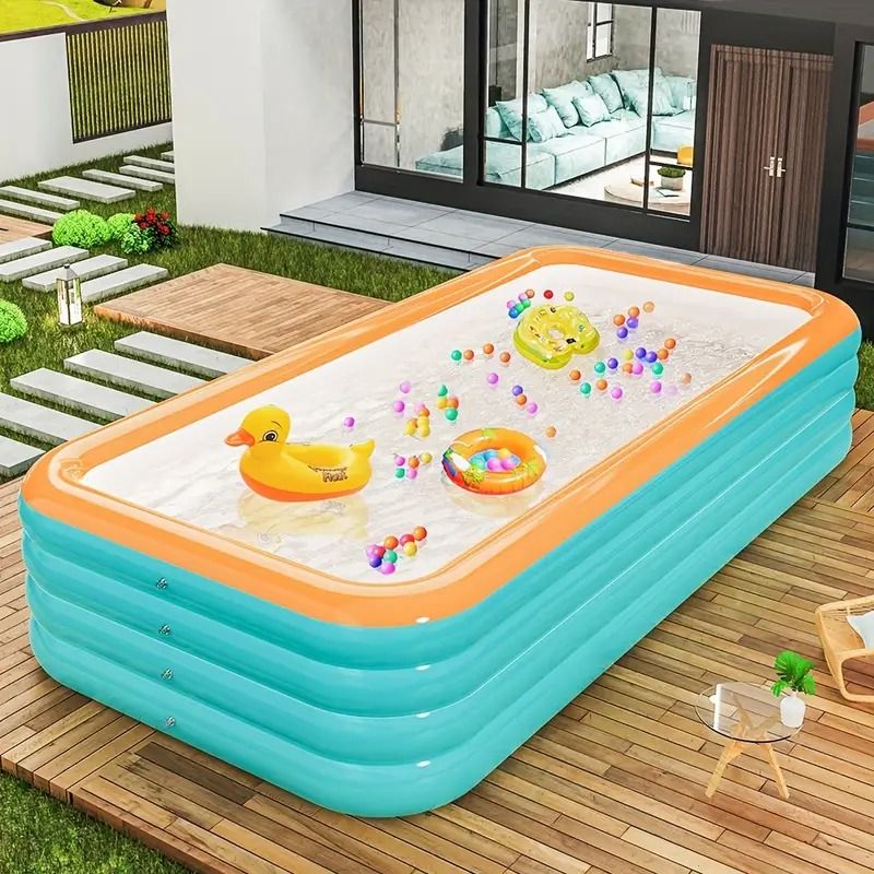 125.2-Inch Extra Large 4-Layer Inflatable Swimming Pool for Outdoor Fun â€?Durable PVC Blue Pool with Orange Border for Backyard Parties and Patio Activities, Fits Up to 6 People