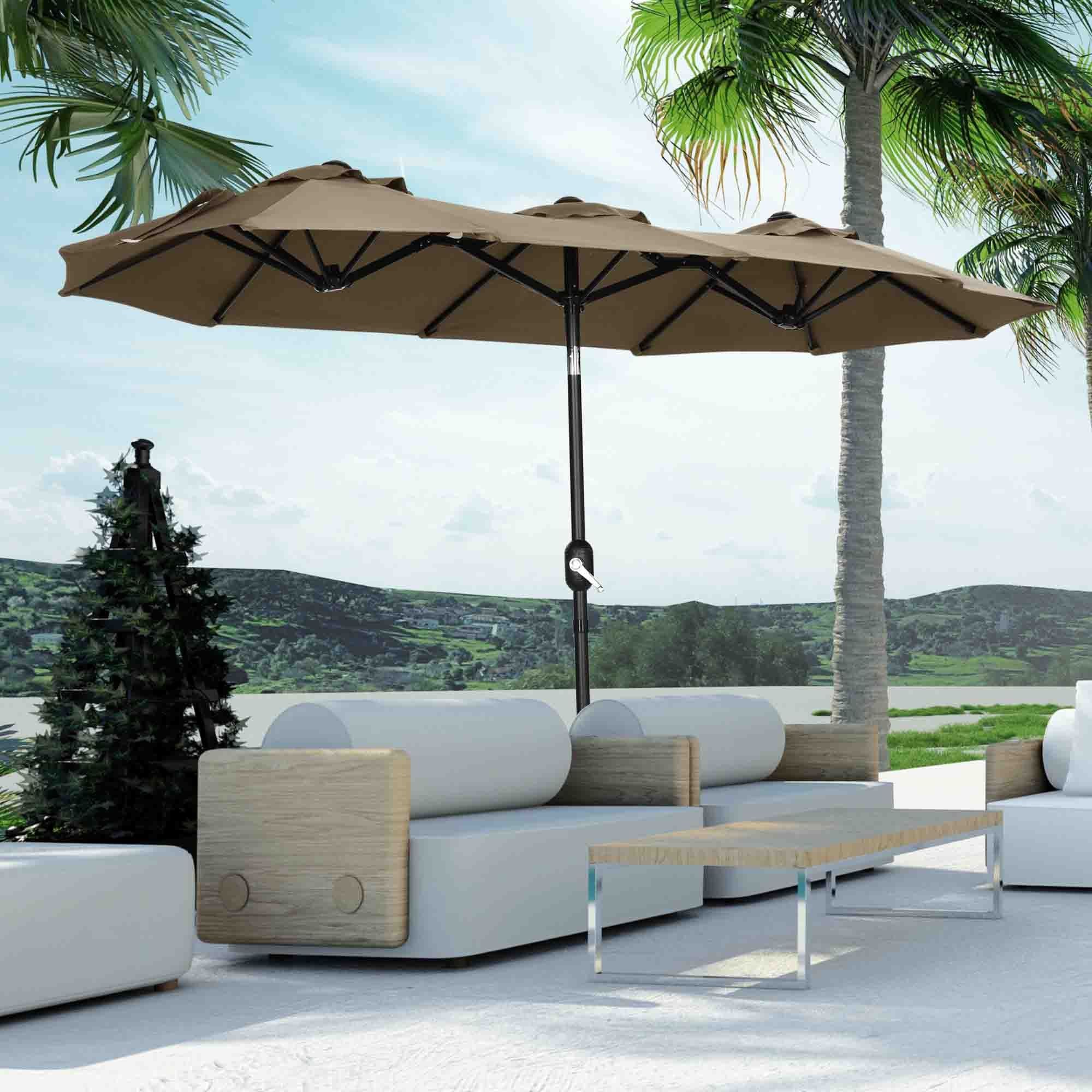 Outsunny Double-sided Patio Umbrella 9.5' Large Outdoor Market Umbrella with Push Button Tilt and Crank, 3 Air Vents and 12 Ribs, for Garden, Deck, Pool, Gray