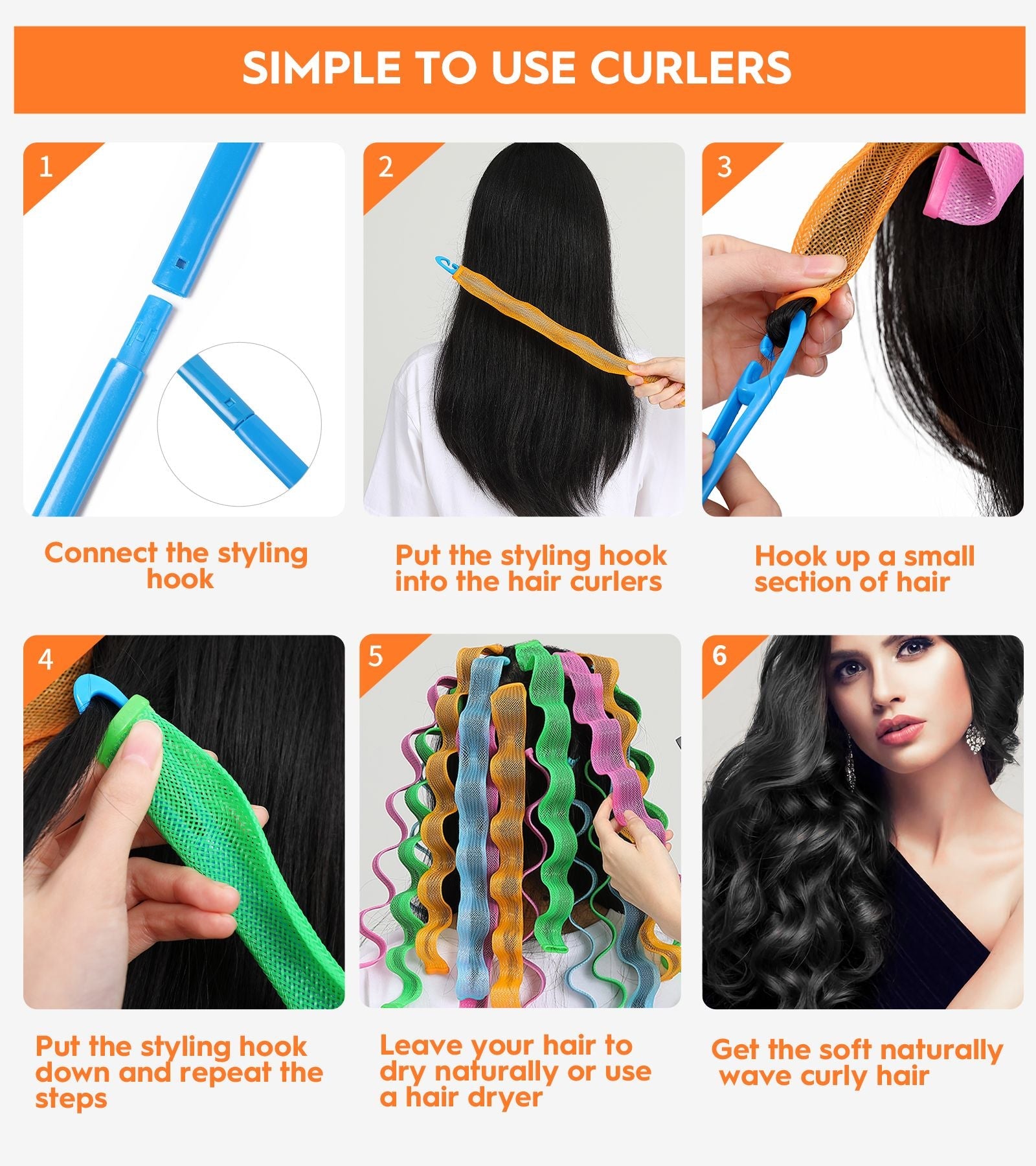 30 Pcs Heatless Hair Curlers Wave Curls Styling Kit with 2 Pcs Styling Hooks, No Heat Hair Curlers for Women Girls (6 Colors, 30 cm/11.81 inch)