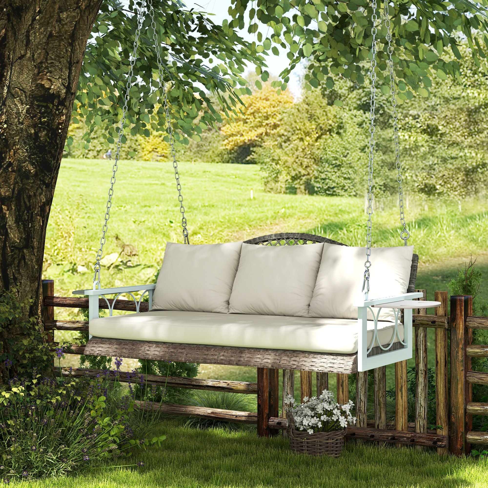 Outsunny 3 Person Wicker Hanging Outdoor Patio Porch Swing Bench with Cup Holders, Cushions, and Chains, Natural