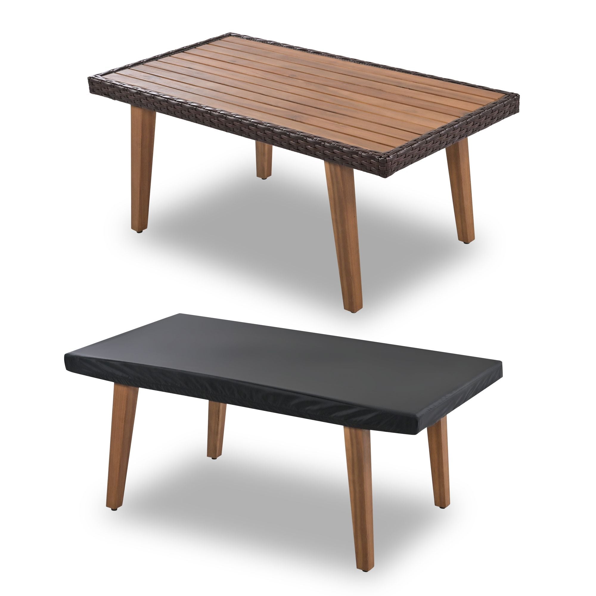 GO 4-Piece Garden Furniture, Patio Seating Set, PE Rattan Outdoor Sofa Set, Wood Table and Legs, Brown and Beige