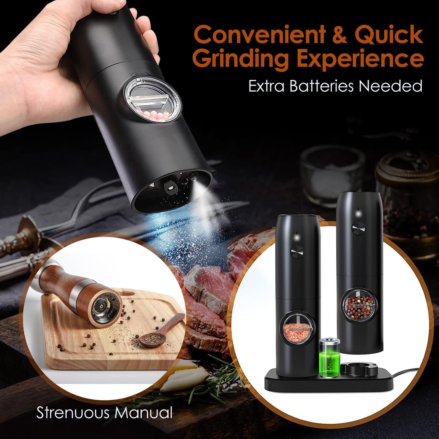 Electric Salt and Pepper Grinder Rechargeable Charging Base Automatic Salt Mill LED Indicator Adjustable Coarseness One Hand Easy Operation