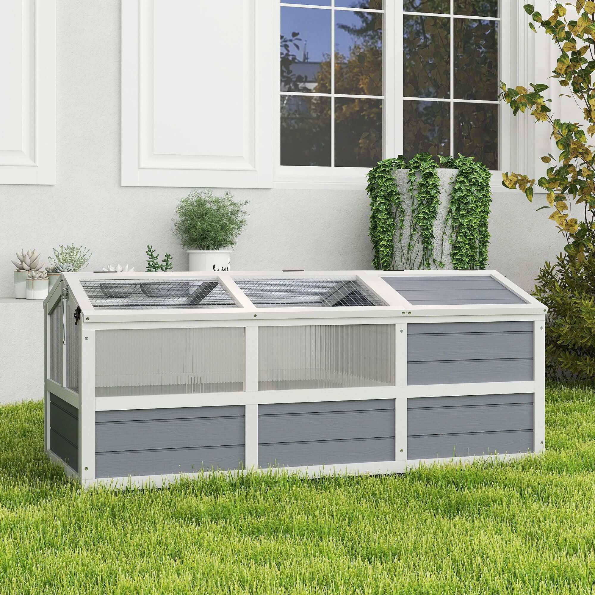 PawHut Tortoise Habitat Outdoor Tortoise Enclosure with Bottomless Design, Doors, PC Sun Panel Windows, for Small Animals, Light Gray