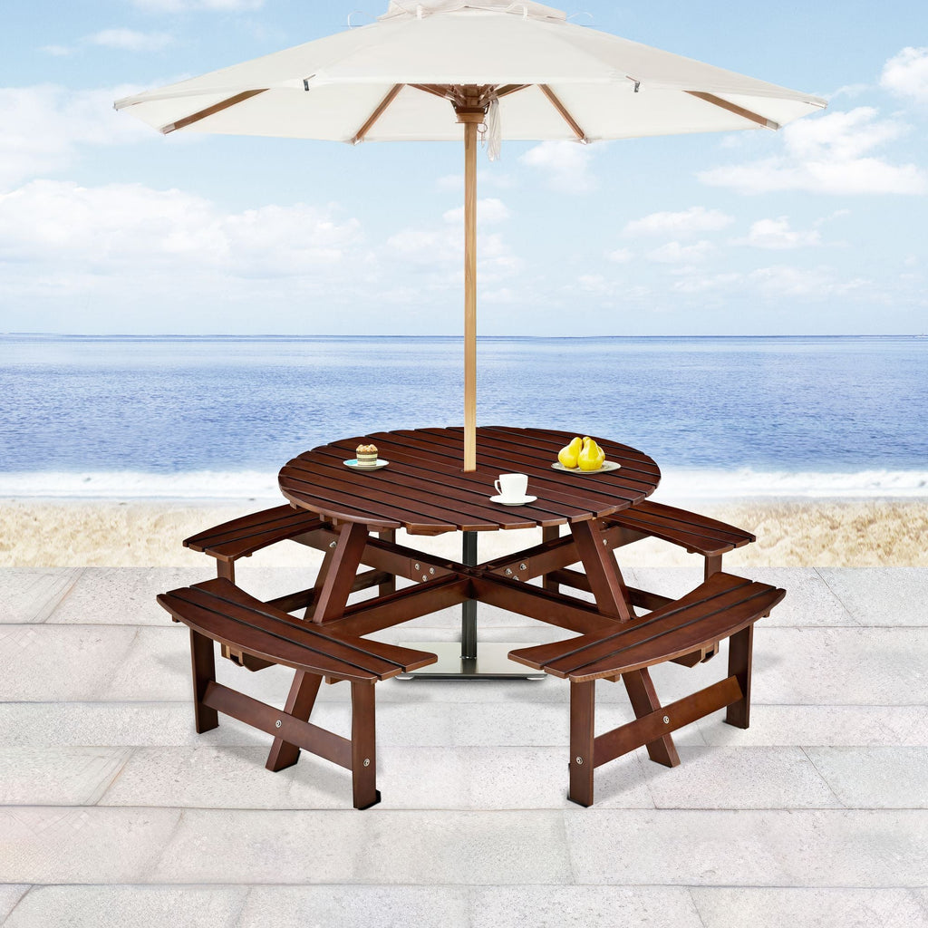 Outdoor 6 Person Picnic Table, 6 person Round Picnic Table with 3 Built-in Benches, Umbrella Hole, Outside Table and Bench Set for Garden, Backyard, Porch, Patio, Natural