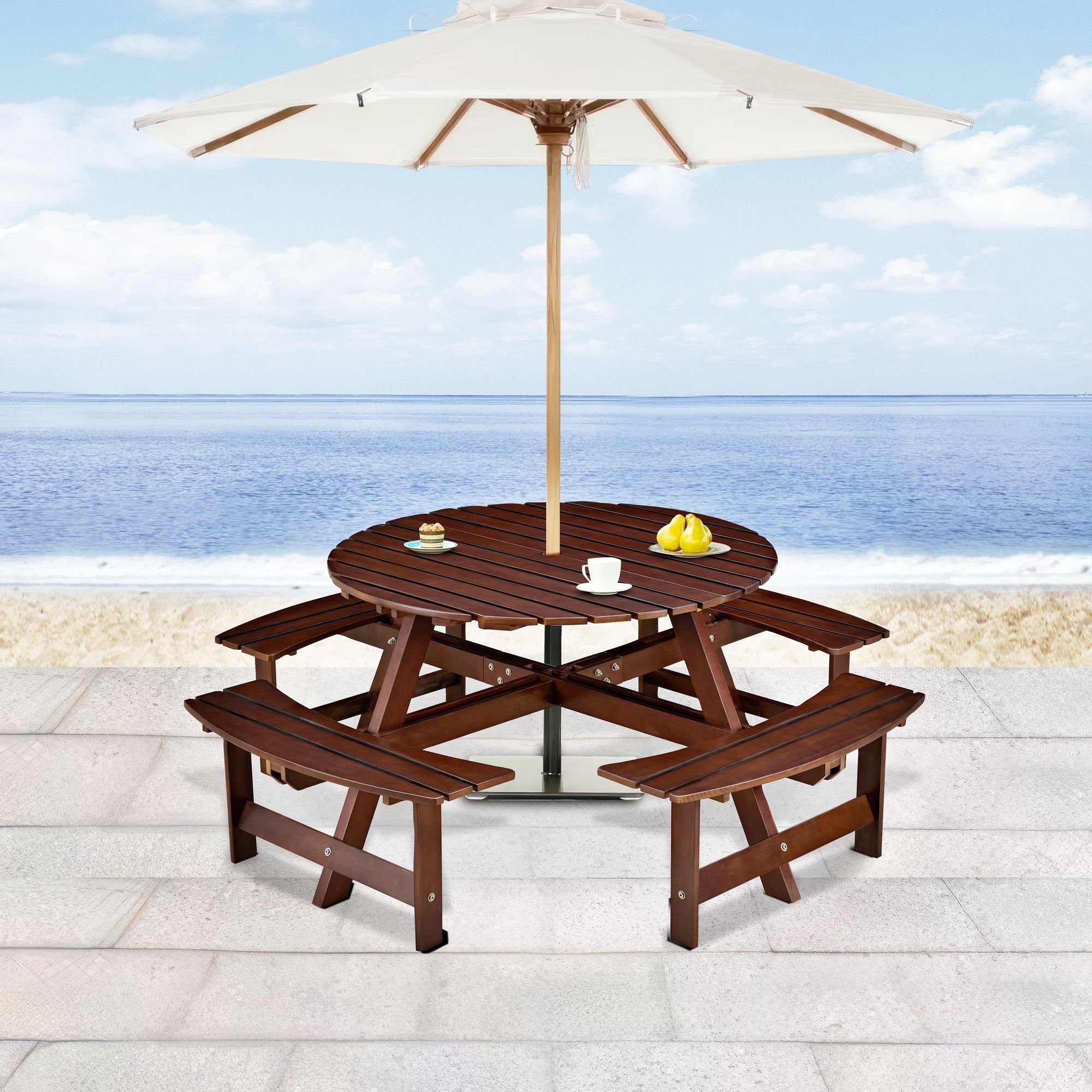 Outdoor 6 Person Picnic Table, 6 person Round Picnic Table with 3 Built-in Benches, Umbrella Hole, Outside Table and Bench Set for Garden, Backyard, Porch, Patio, Natural