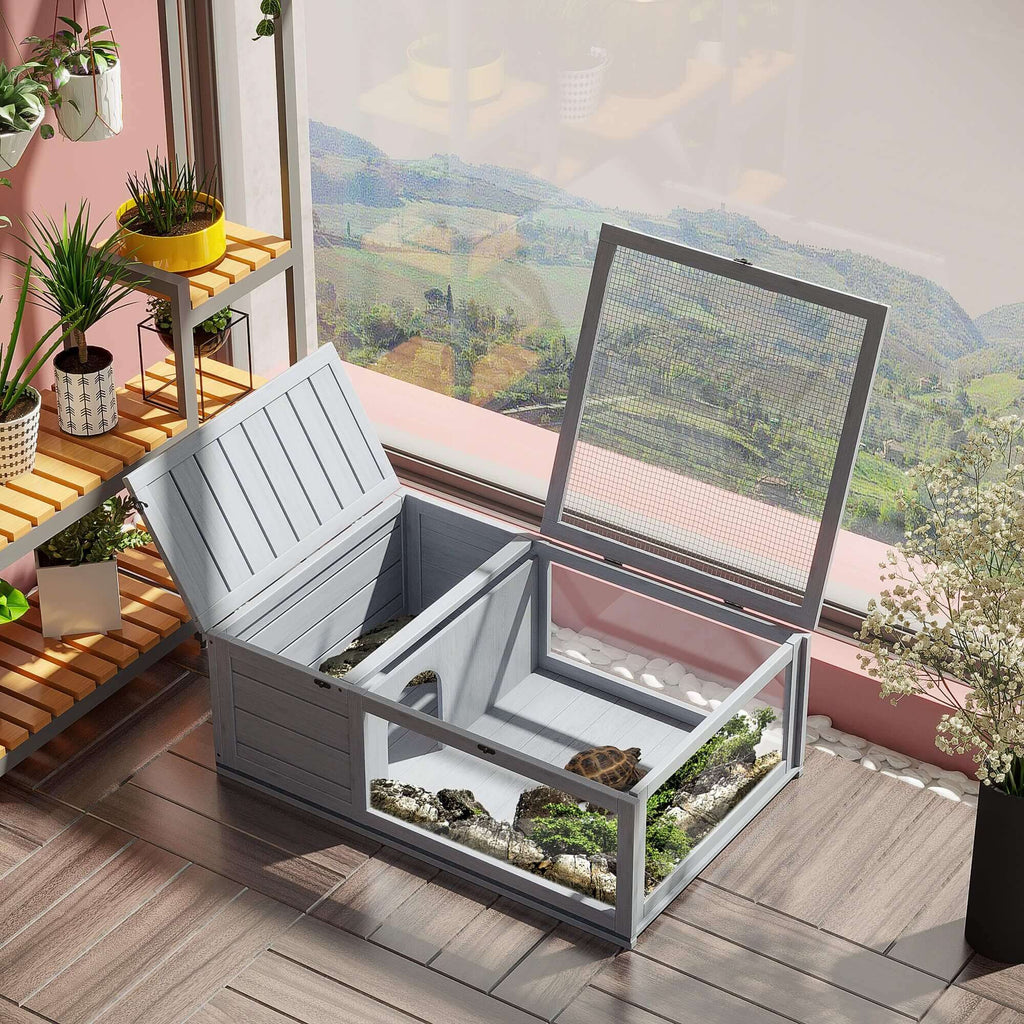 PawHut Wooden Tortoise House Indoor Turtle Habitat Enclosure Outdoor Reptile Cage Gray